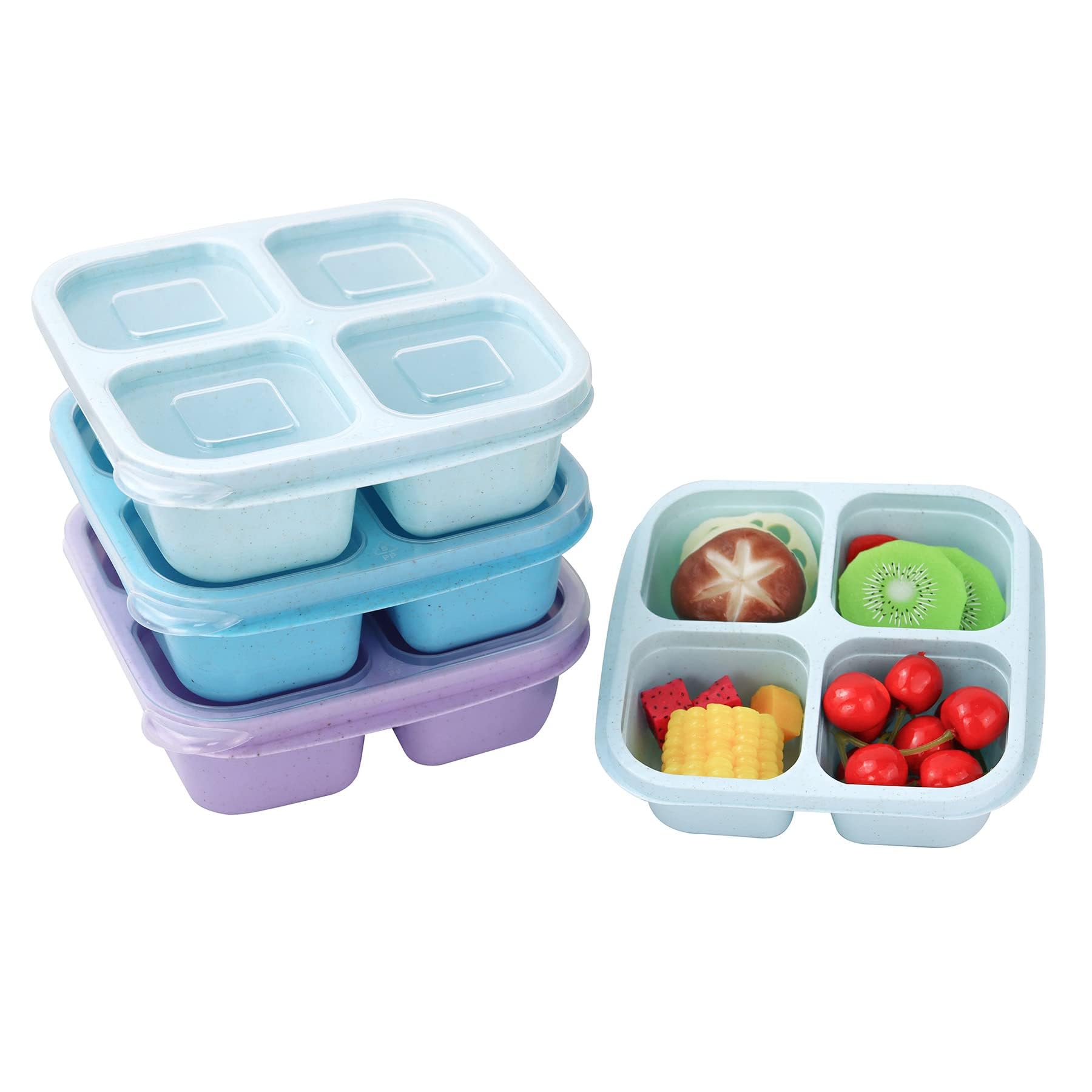 Finorder 3 Pack Wheat Straw Containers, 4 Compartment Reusable Snack Bento Box Toddler, Meal Prep Lunch Box Containers For Kids