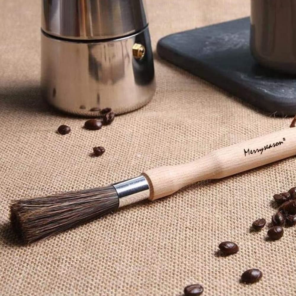 Coffee Grinder Cleaning Brush - Espresso Maker/Machine Cleaner Tool for Home Kitchen Barista - Beechwood Wood Handle  Natural Boar Bristles  Leather Hanging Loop  8 ''