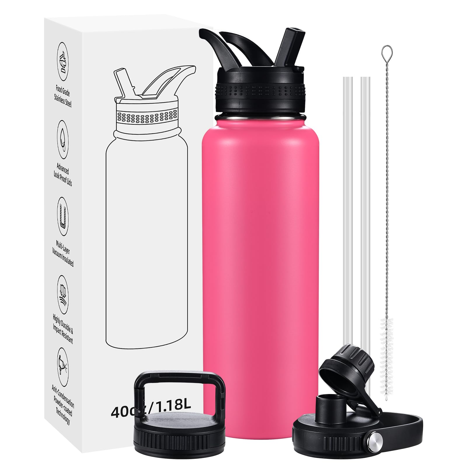 PlanetFlame Insulated Water Bottles with Straw 40 oz Leak Proof, Vacuum Insulated Stainless Steel Sport Tumbler with 3 Lids Stra
