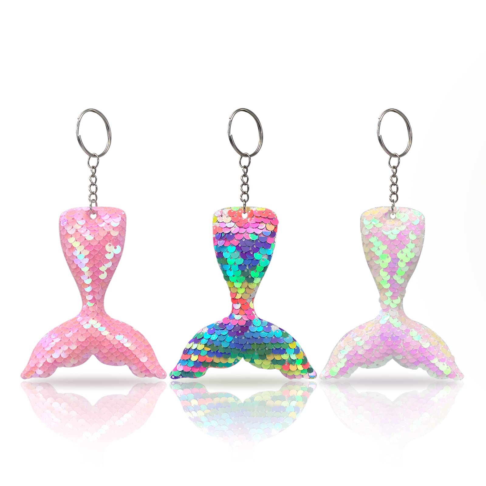 Wishlotus Flip Sequin Keychain, 3Pcs Mermaid-Shaped Reversible Key Pendant For Party Supplies Christmas Accessories (Assorted Co