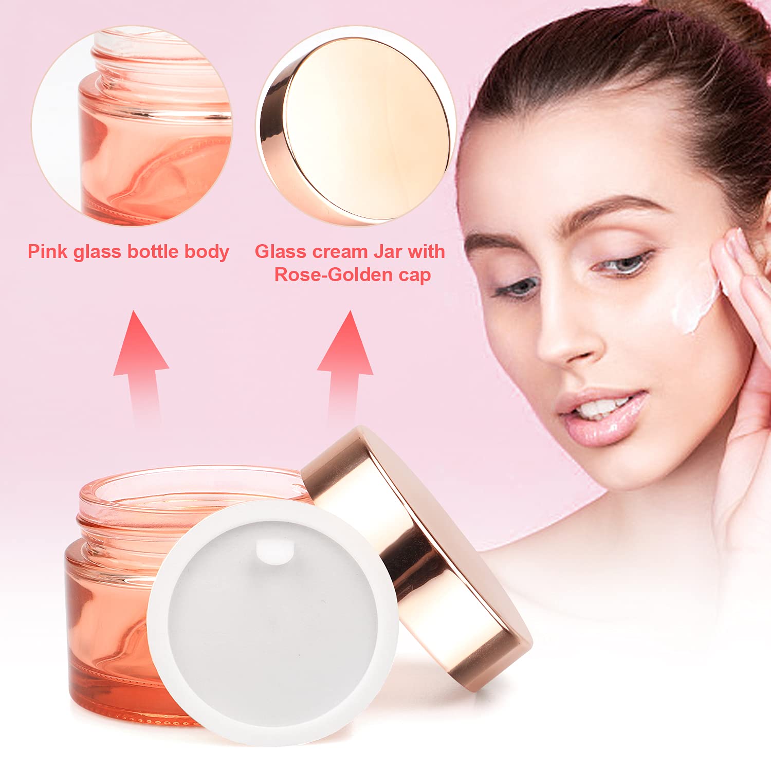 Furnido Pink Glass Cream Jar 4 Pack 1.7 oz/50g Face Lotion Jar Pot Empty Refillable Glass Cosmetic Cream Bottle Container With Rose-Golden Cover Inner Liners for Moisturizer Eyeshadow Makeup Emulsion
