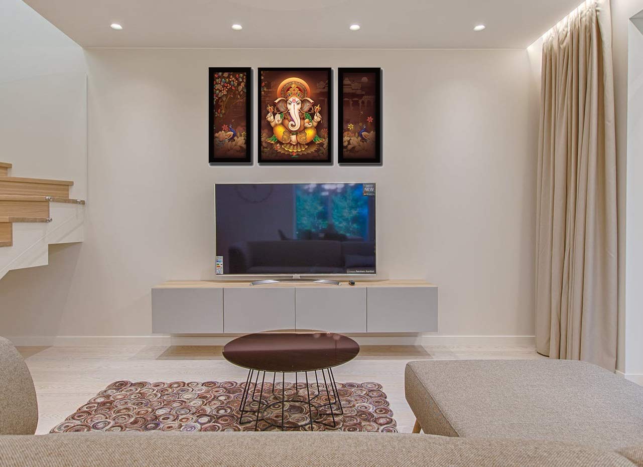 Lifehaxtore Ganesha Art Framed Painting | Uv Textured | 3 Panel Painting | Ready To Hang- (Wood, 24 Inch X 18 Inch)