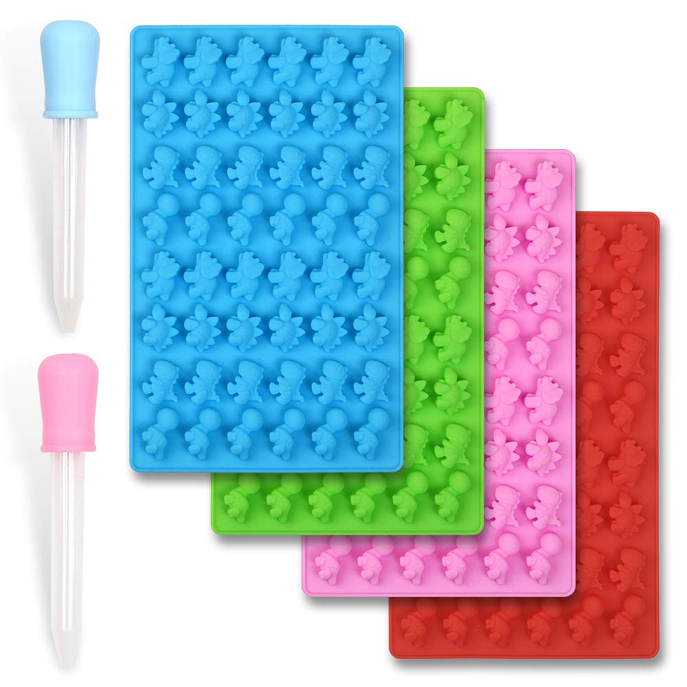 Homedge Silicone Mini Dinosaur Candy Molds, Set Of 4 Packs Non Stick Chocolate Gummy Mold Bonus With 2 Dropper-Blue, Red, Green