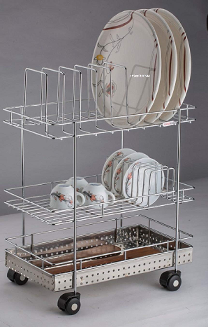 Shreerang Granthraj Stainless Steel Kitchen Rack 3 Tier Dish Drainer Crockery Cutlery Plates Utensils Stand Holder Glass Organiz