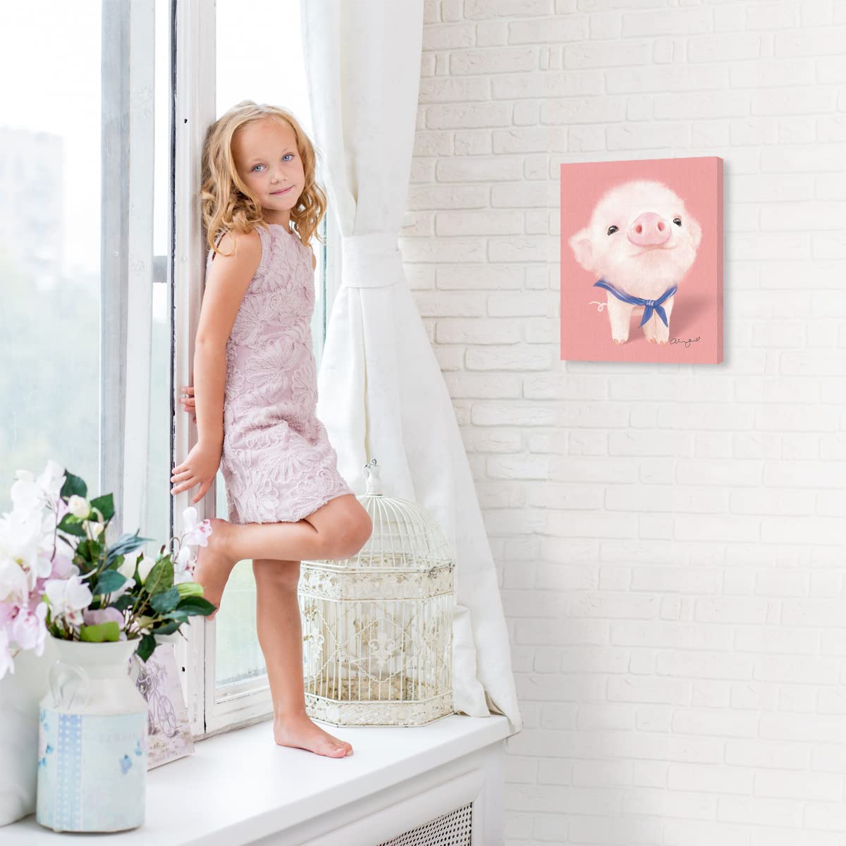 Woxfcart Pig Poster Canvas Wall Art Pink Piggy Picture For Girls Room Bathroom Decor12X15