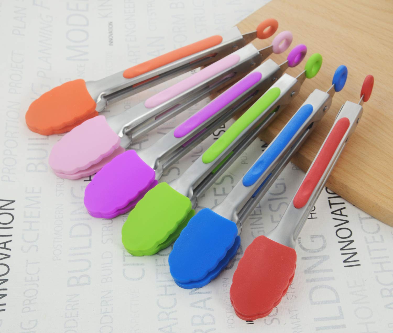 Hinmay Small Silicone Tongs 7-Inch Mini Serving Tongs, Set Of 3 (Mint Pink Yellow)