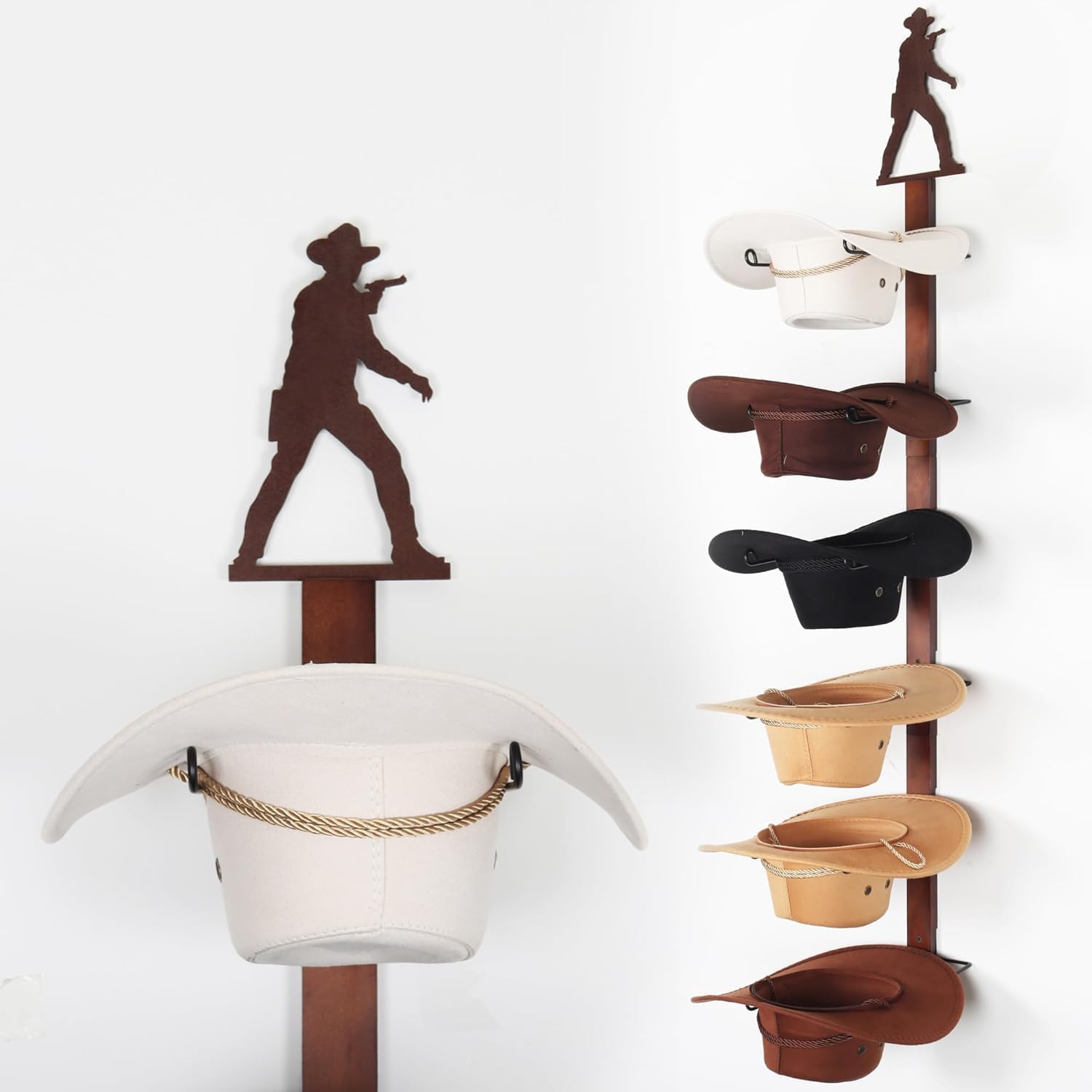Canwupon Cowboy Hat Rack Holder For Wall - Wild Western Style Design Hat Organizer With 6 Hat Hooks For Wall Mount, Hat Stand An
