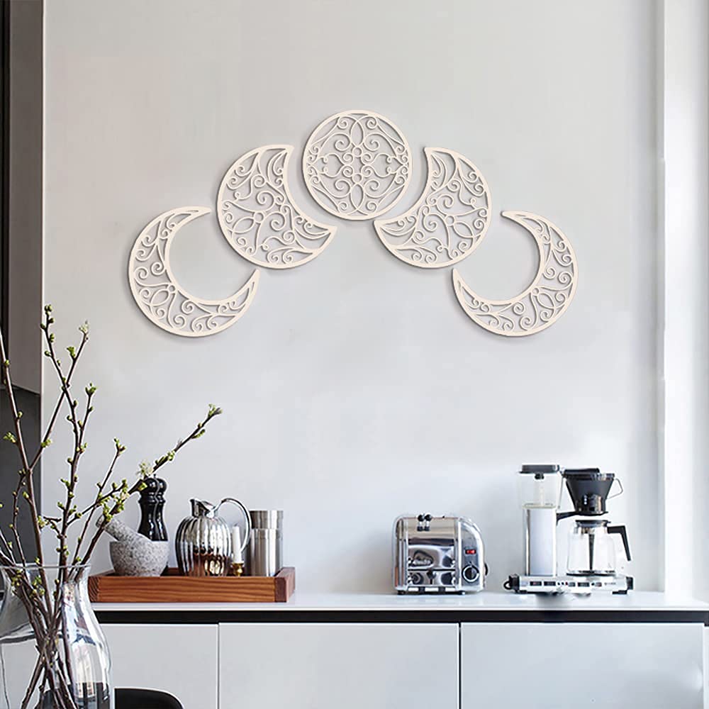 B DyBoHF Moon Decoration Wall Decoration  Moon Appearance Wall Art Decoration (5 Pieces) Nordic Wood Moon Appearance Natural Design Moon Interior  Boho Bedroom Decor Home Wall Decoration (Wood color)
