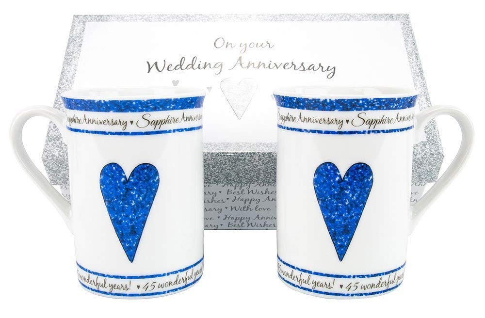 Haysoms Beautifully Designed 45th Sapphire Wedding Anniversary Set of Ceramic Mugs with Hearts | Dishwasher and Microwave Safe w