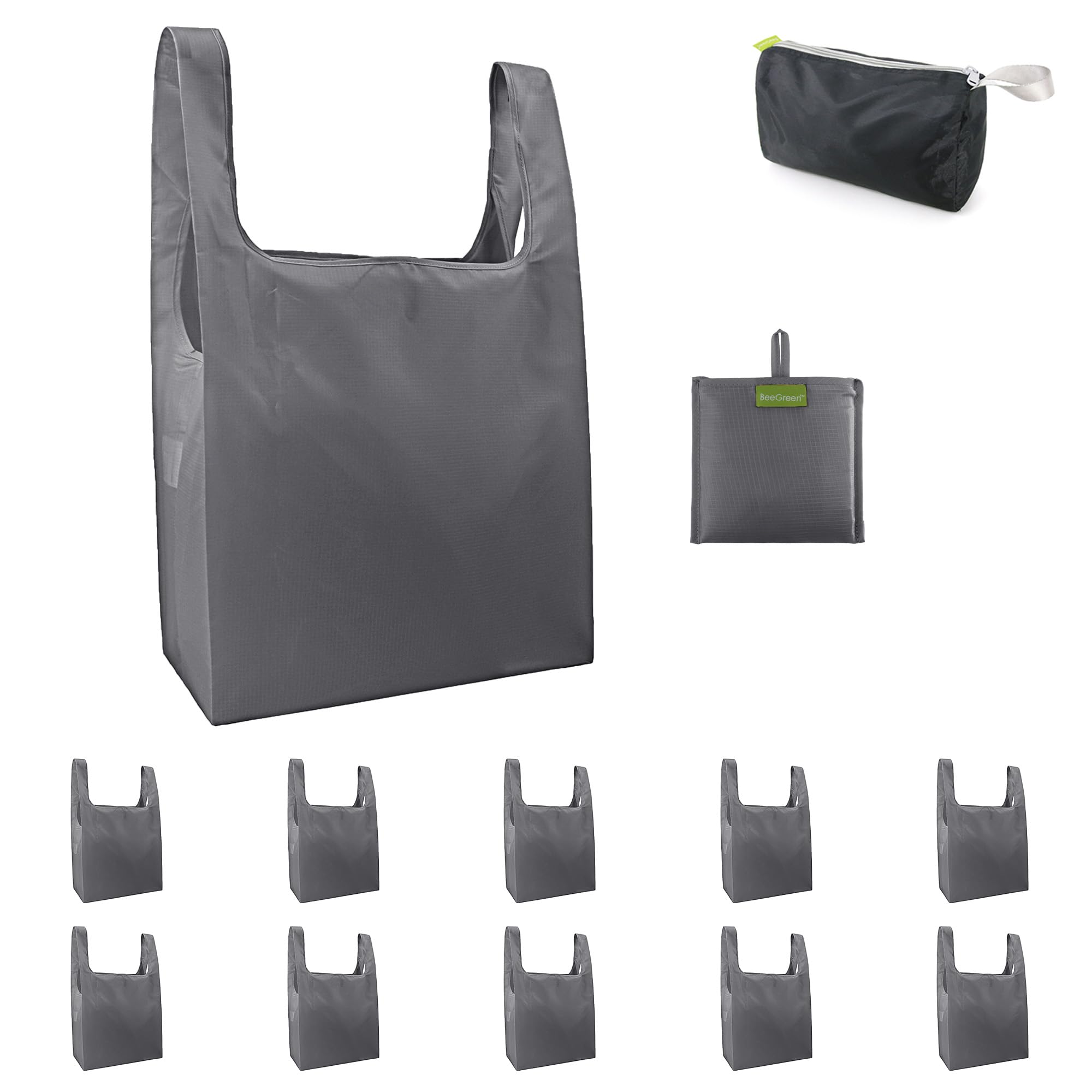 BeeGreen Grey Reusable Grocery Bags Wholesale Gray Reusable Kitchen Bags Bulk Foldable-Machine Washable with Zipper Storage Pouc