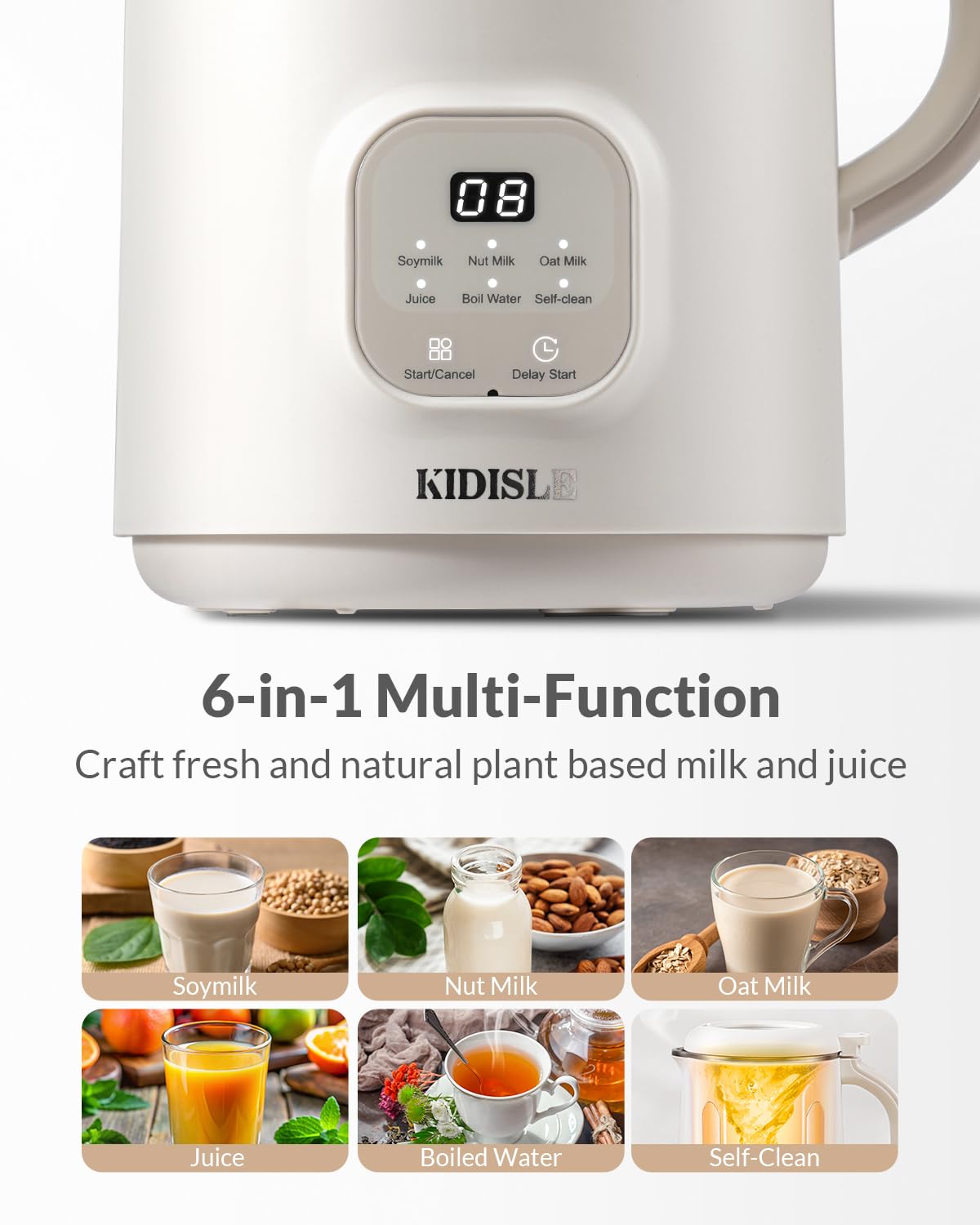 KIDISLE 6-in-1 Automatic Nut Milk Maker, 20oz, Stainless Steel, Cream - Homemade Coconut, Soy, Oat, Almond Milks & Non-Dairy Beverages
