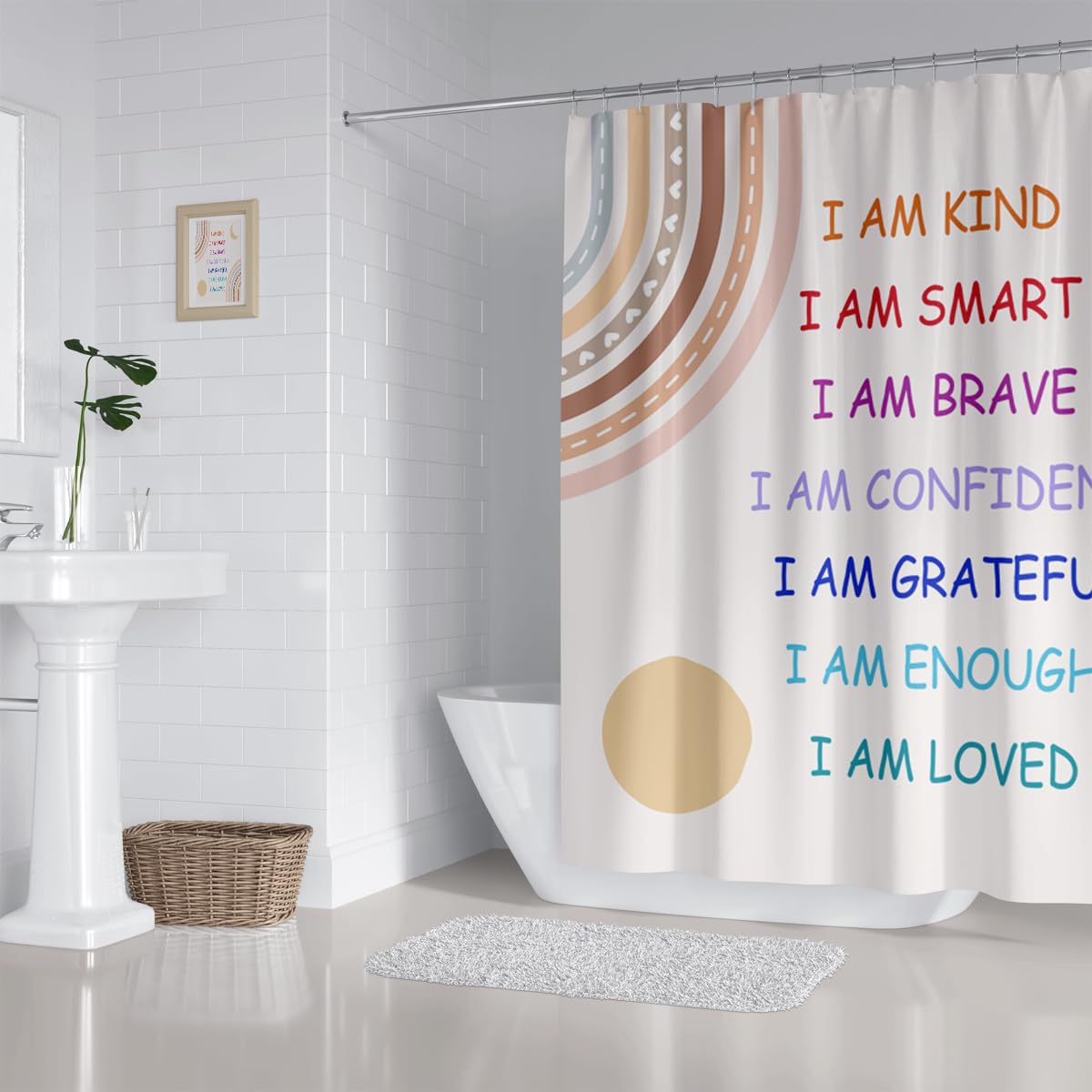 Zxmbf Boho Rainbow Quotes Shower Curtain Colorful Inspirational Positive Kids Teen Girls Abstract Moon Sun Fabric Home Bathroom