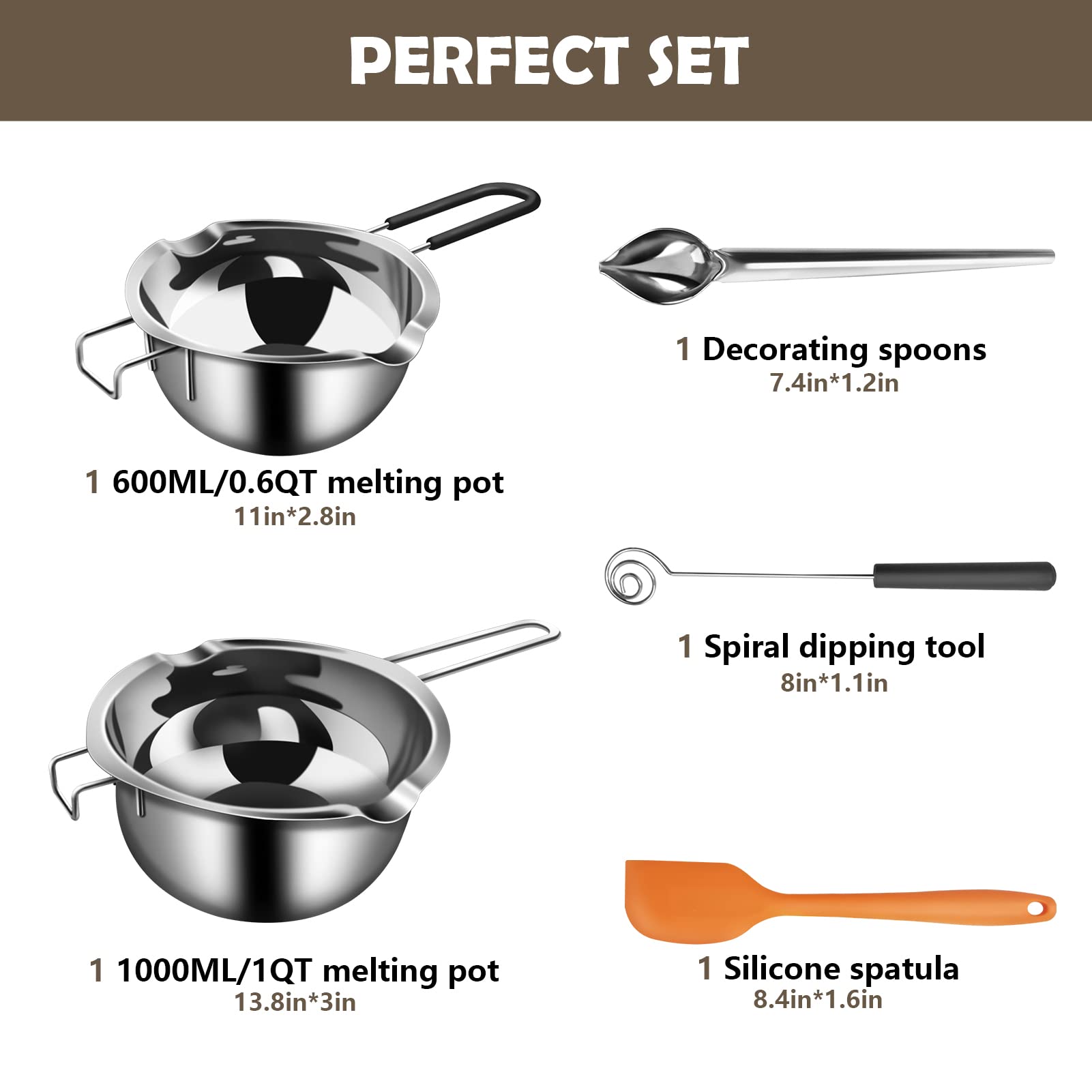 Artcome 5Pcs Double Boiler Melting Pot Set - 600Ml/0.6Qt And 1000Ml/1Qt Chocolate Stainless Steel Melting Pot, Decorating Spoons
