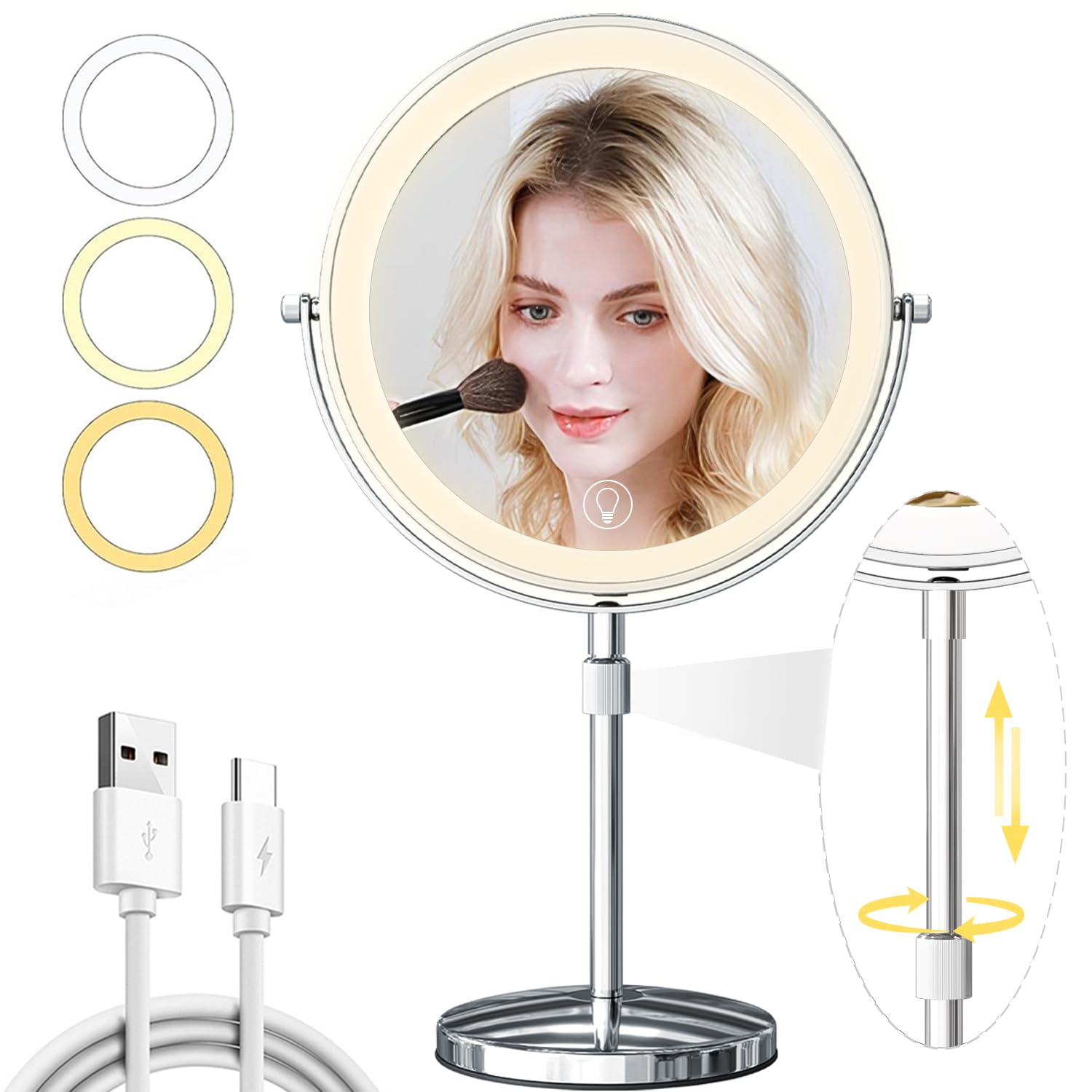 9In Vanity Mirror With Lights, Rechargeable 5000Mah Lighted Makeup Mirror, 1X/20X Double Sided Magnifying Mirror, 360 Rotate, 3