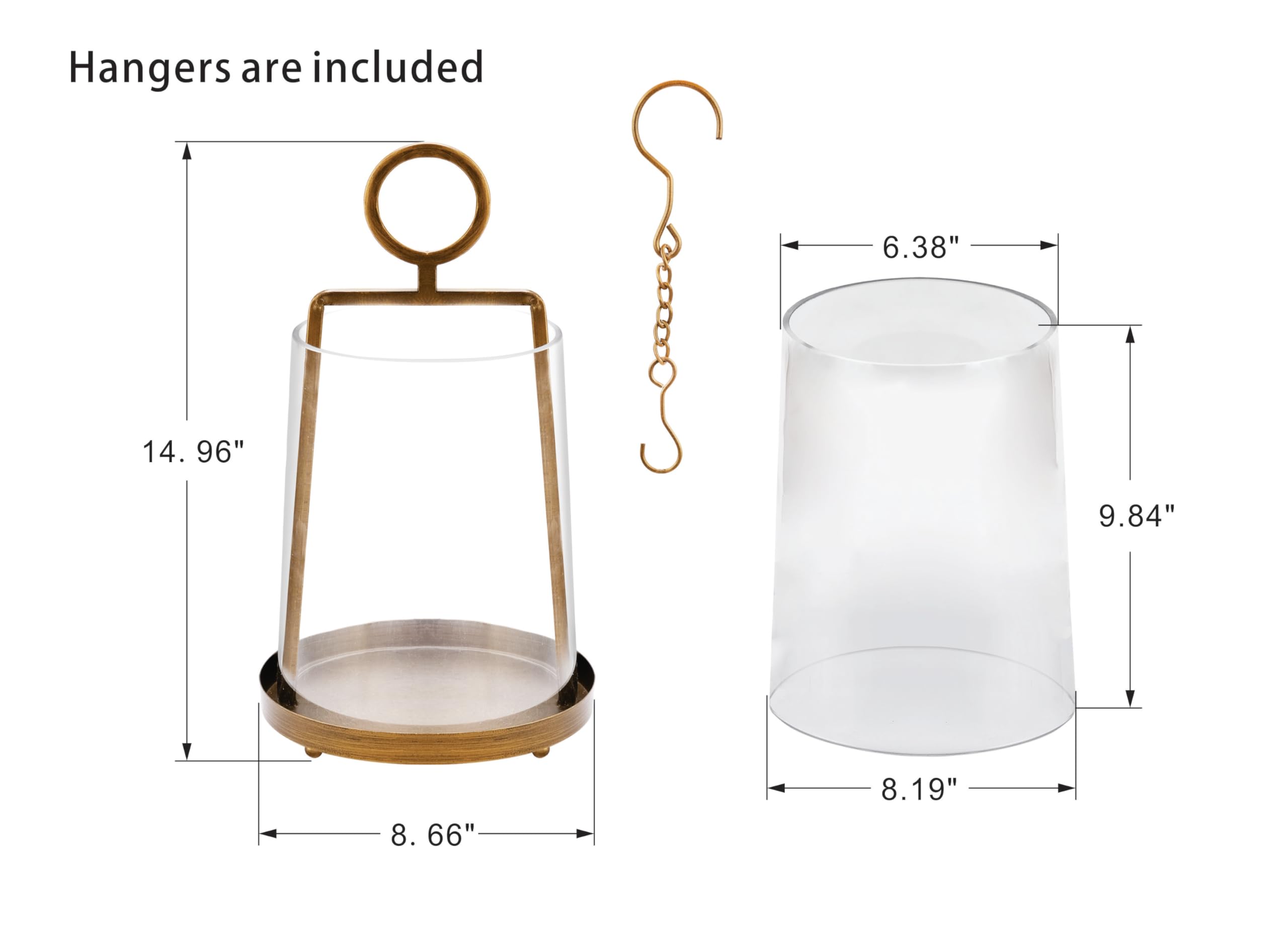 9 Wide Modern Metal Hurricane Lantern with Handmade Sturdy Glass Sleeve in Brass for Pillar Candle & Plants, Farmhouse Hurricane