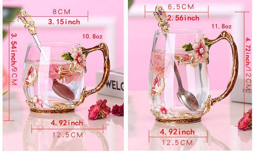 Luka Tech Enamel Butterfly flower Glass Mug with Spoon, Gifts For Women Wife Mom Friends Birthday Mothers Valentines Day Christm