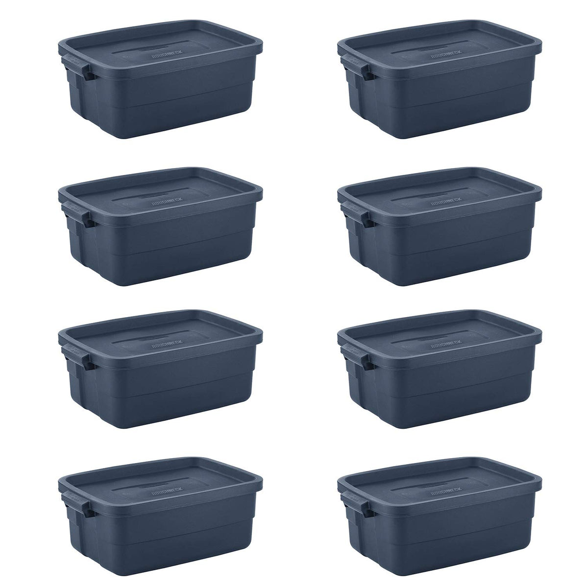 Rubbermaid Roughneck Tote 10 Gal, 8 Pack, Made In Usa, Dark Indigo Metallic, Rugged Plastic Stackable Storage Bins With Lids And