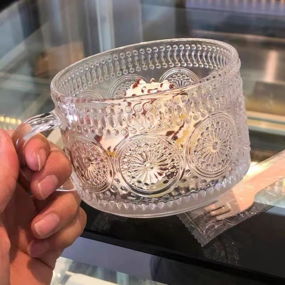 Amzcku Vintage Coffee Tea Cups, Glass Mugs 14 Oz Set Of 2 Embossed Glassware With Handle, For Cappuccino, Latte, Cereal, Yogurt,
