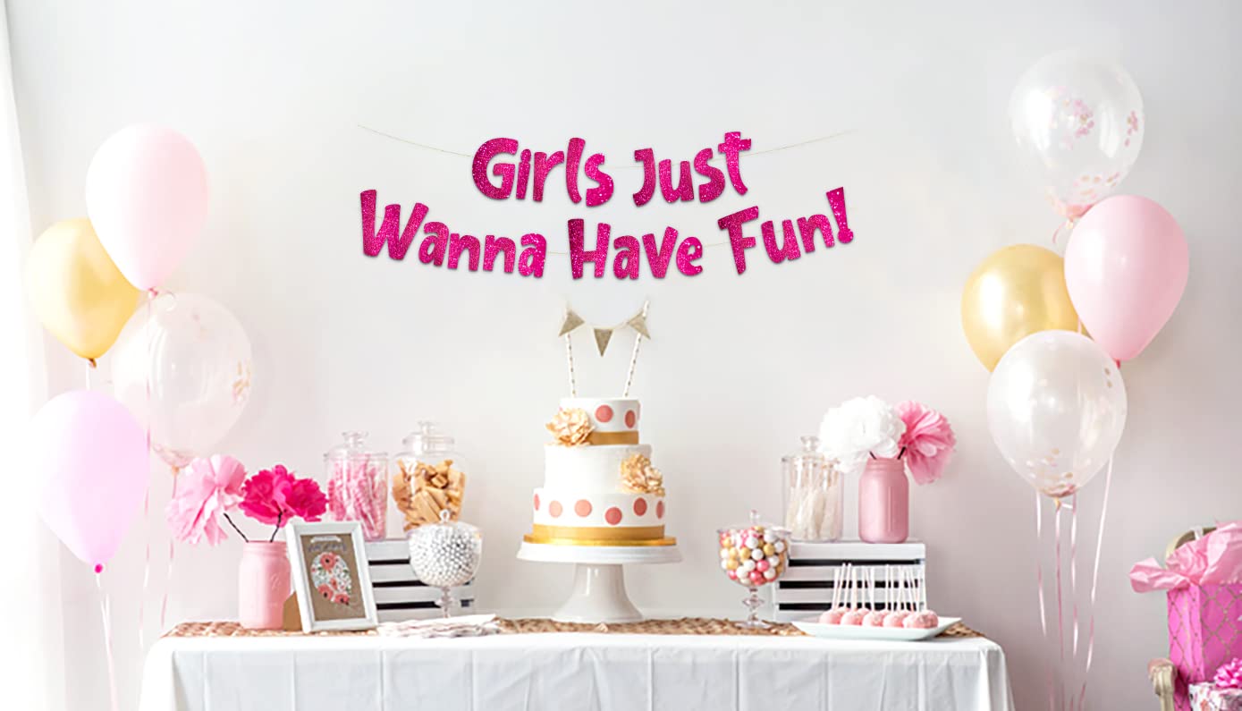 Girls Just Wanna Have Fun Neon Pink Glitter Banner - Bachelorette Party - Girls Birthday - Slumber Party - Pajama Party - Girls