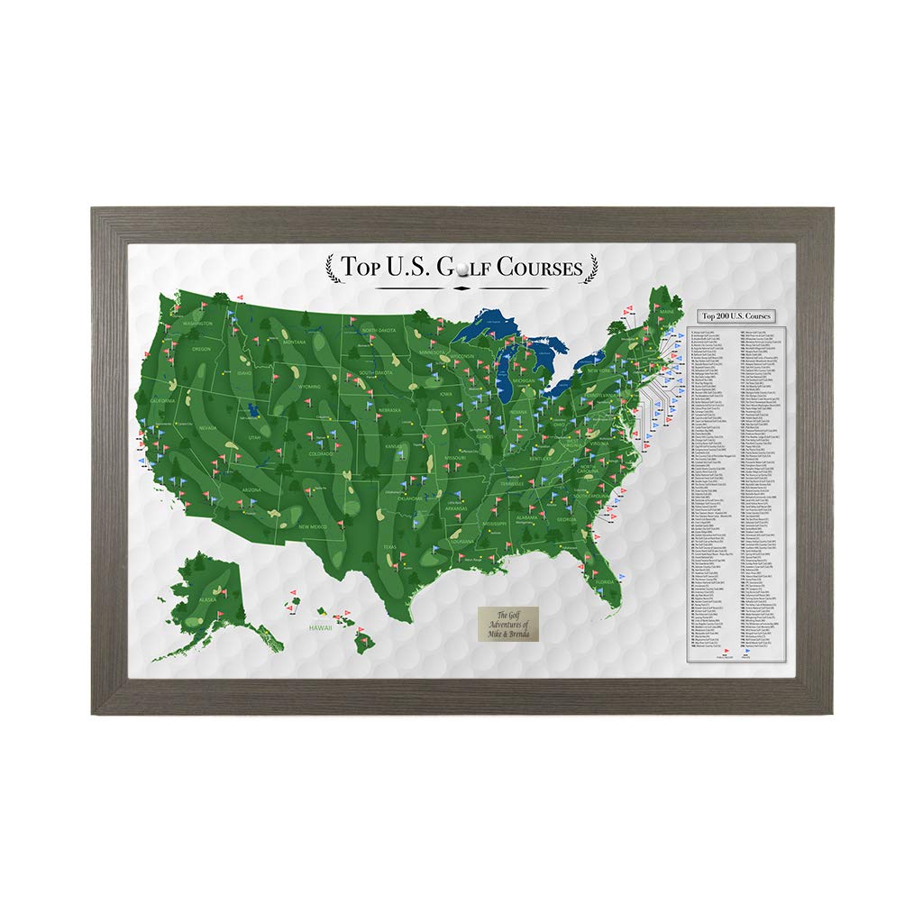 Personalized Top Golf Courses Usa Map - Barnwood Gray Frame - 27.5 Inches X 39.5. Inches - Golf Course Map - Track Your Golfing