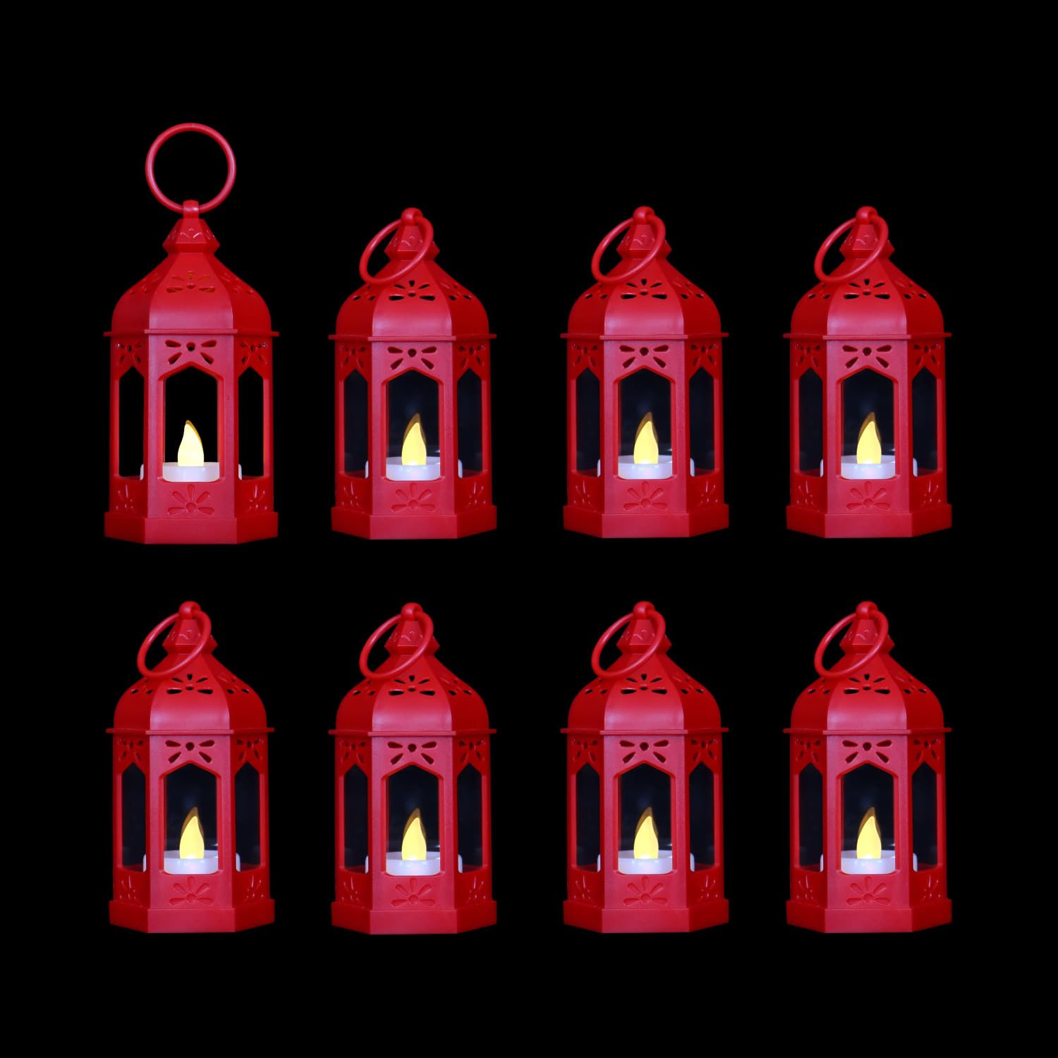 LLQ 8 Pcs Mini Lantern Decor Moroccan Lantern with Flickering LED Candle Table Centerpiece Small Vintage Christmas Hanging Lamp 
