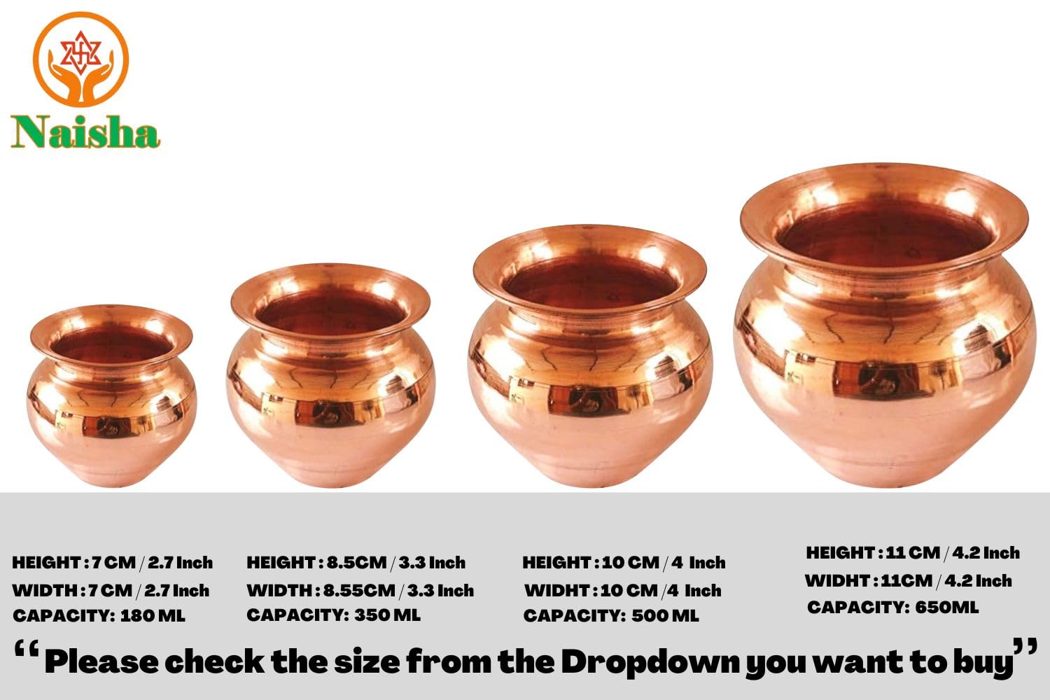 NAISHA Indian 100% Copper Kalash, Lota for Puja Wedding Purpose Temple Decoration 180 ML (7 cm, Height)