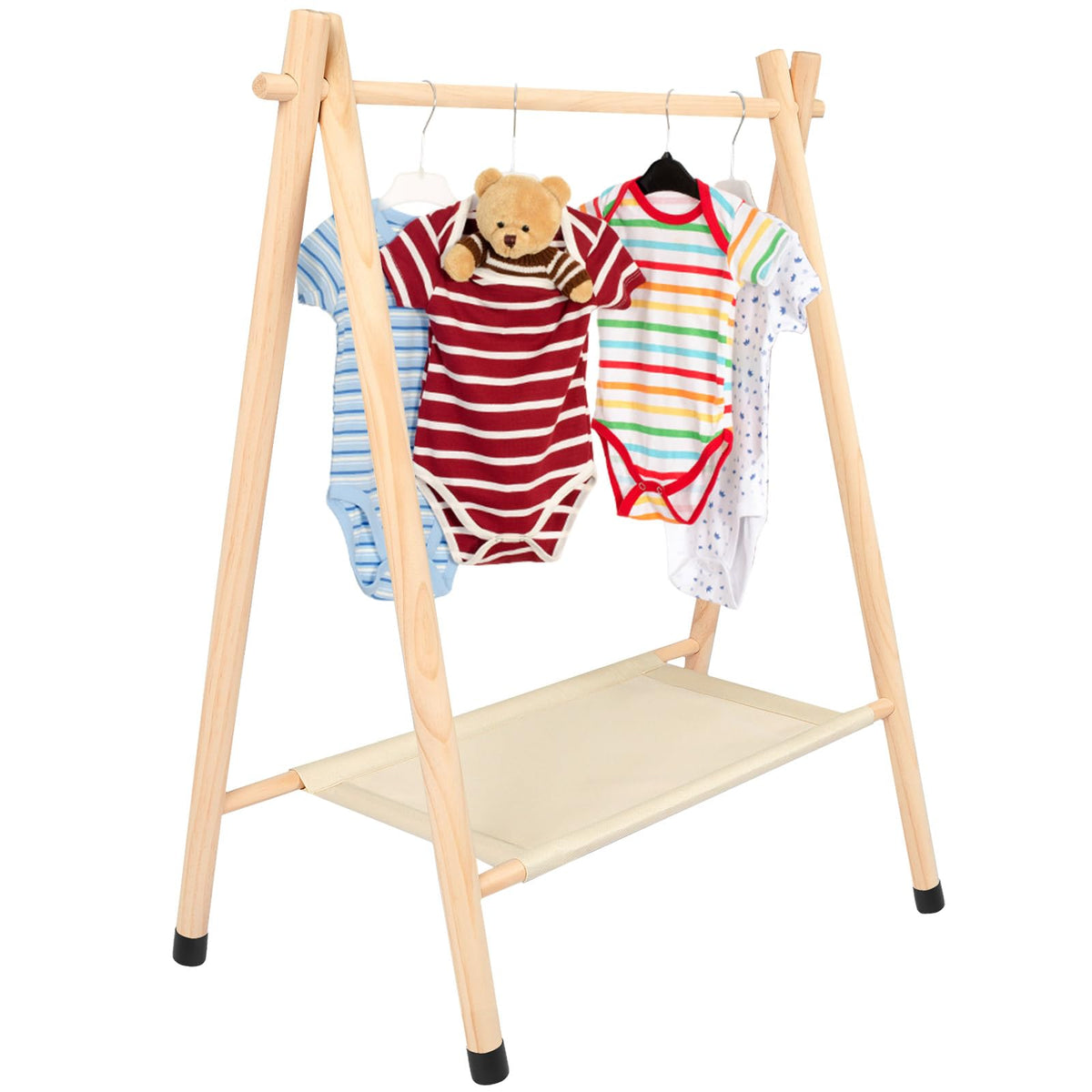 Queekay Kids Clothing Rack, Pine Wooden Clothes Organizer With Storage Shelf, Beige, Large