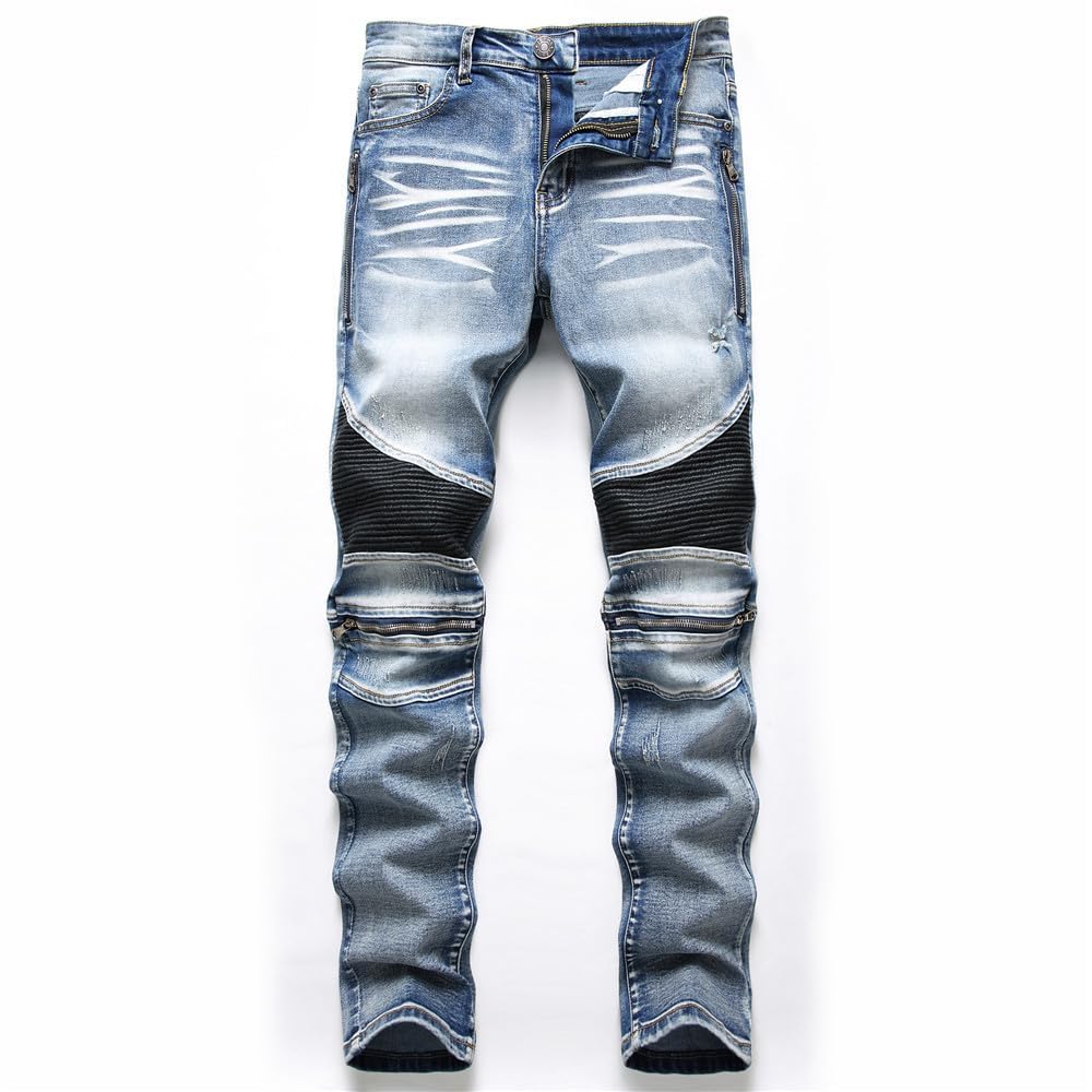 Aititia Mens Biker Zipper Deco Washed Straight Fit Jeans (38W X 32L, 005 Blue)