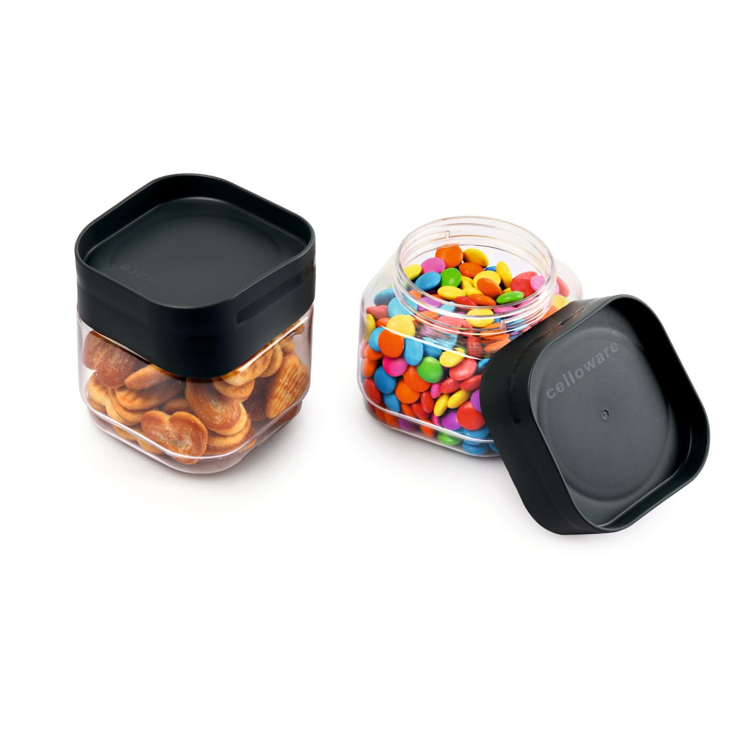 Cello Modustack Square Containers Set Of 2 (500 Ml X 2), Grey | Stackable | For Grains, Pulses, Spice, Cereals, Cookies, Dry Fru