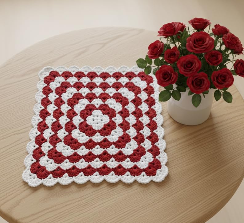 Ritika Craft Crochet grannysqure Handmade Doily/placemat/Table Mat (12.5inch) (RED)