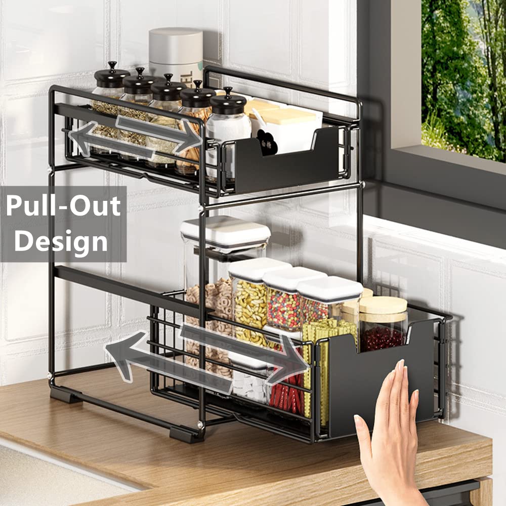 Lexza 2 Pack - 2-Tier Under Sink Organizers And Storage With Sliding Storage Drawer For Kitchen And Bathroom Cabinet Countertop,