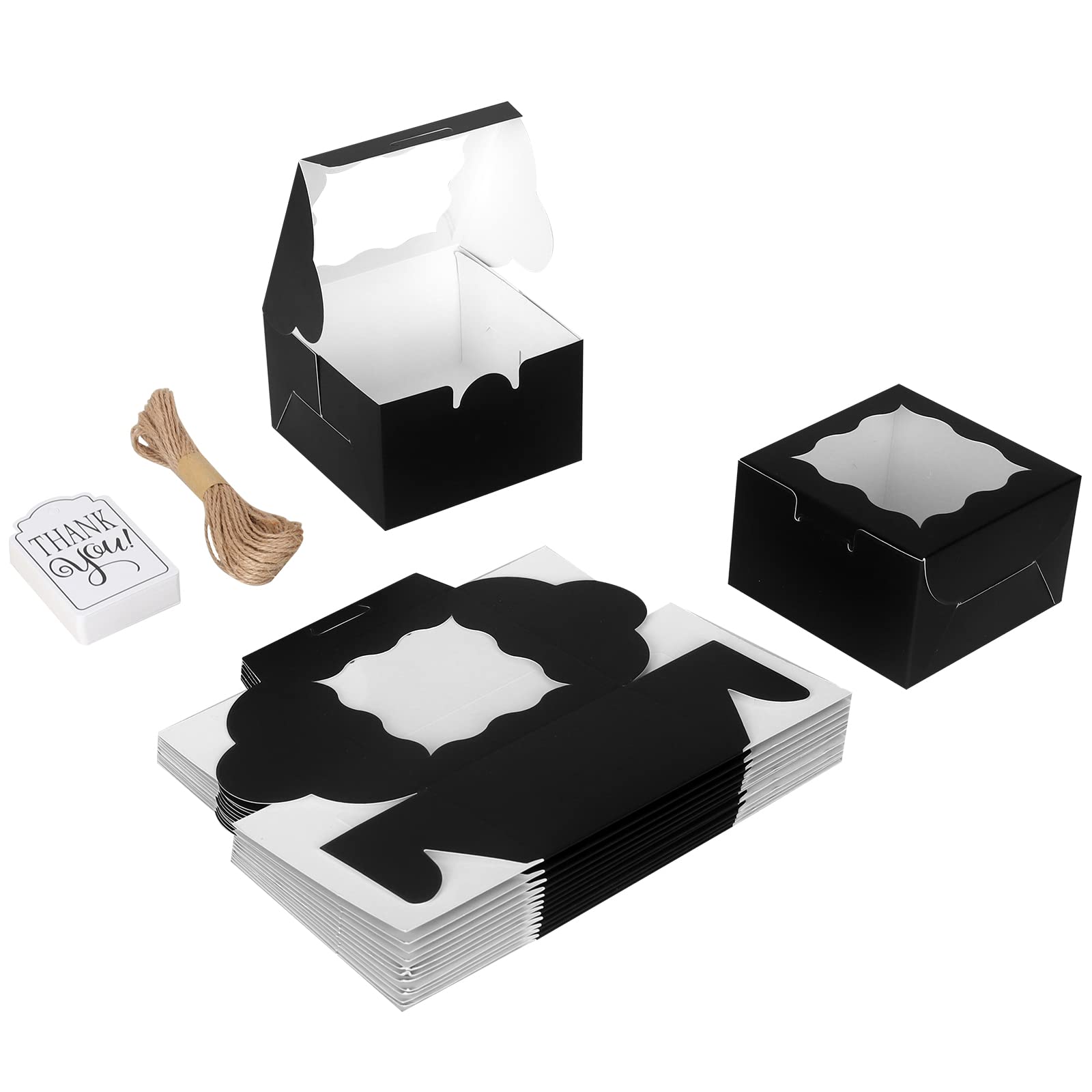 Kposiya 60 Pcs Black Bakery Boxes With Window Individual Cupcake Boxes 4X4X2.5 Inches Cookie Boxes Kraft Paper Black Gift Box Fo