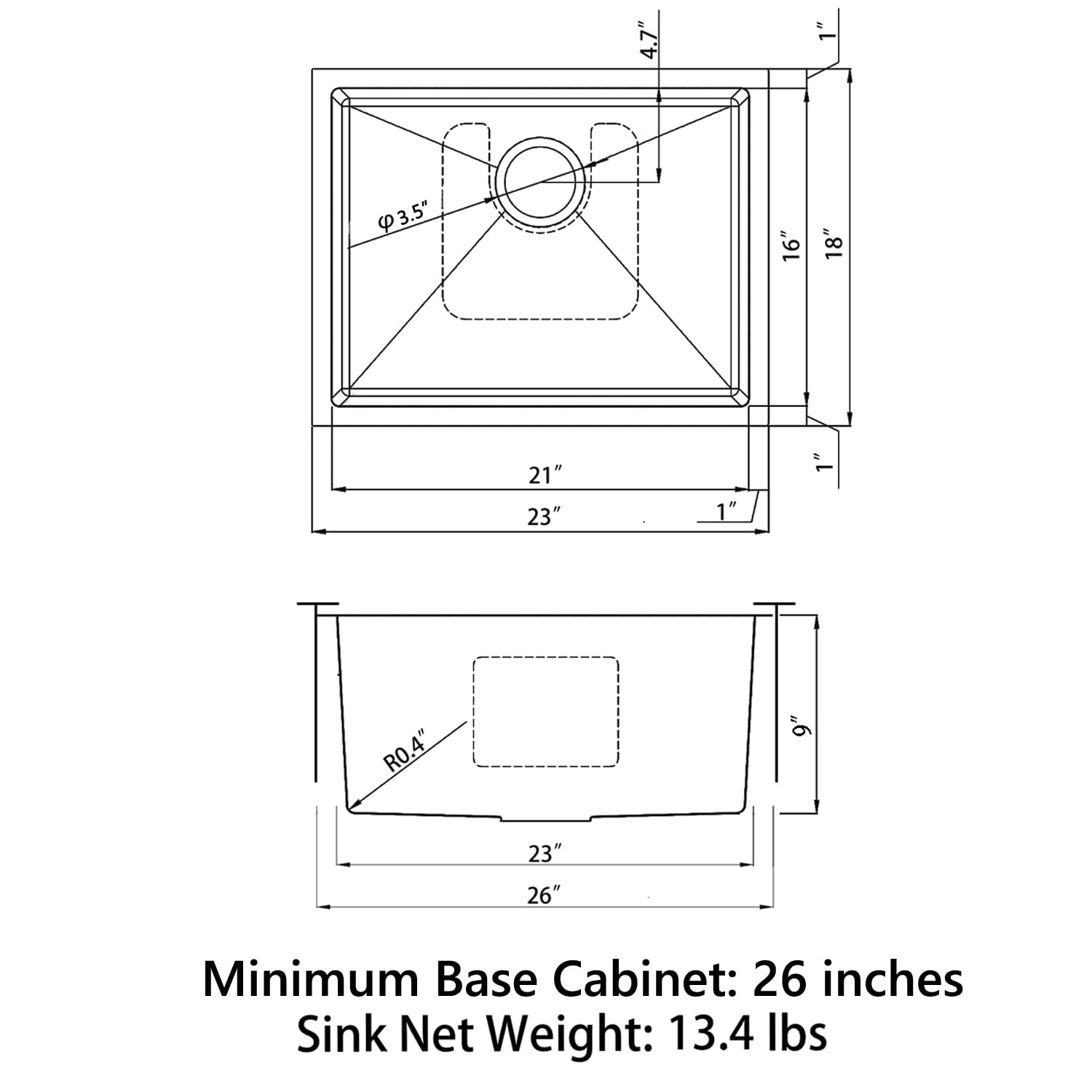 Sinber 23'' x 18'' x 9'' Undermount Single Bowl Kitchen Sink with 18 Gauge 304 Stainless Steel Satin Finish HU2318S-10-S (Sink Only)