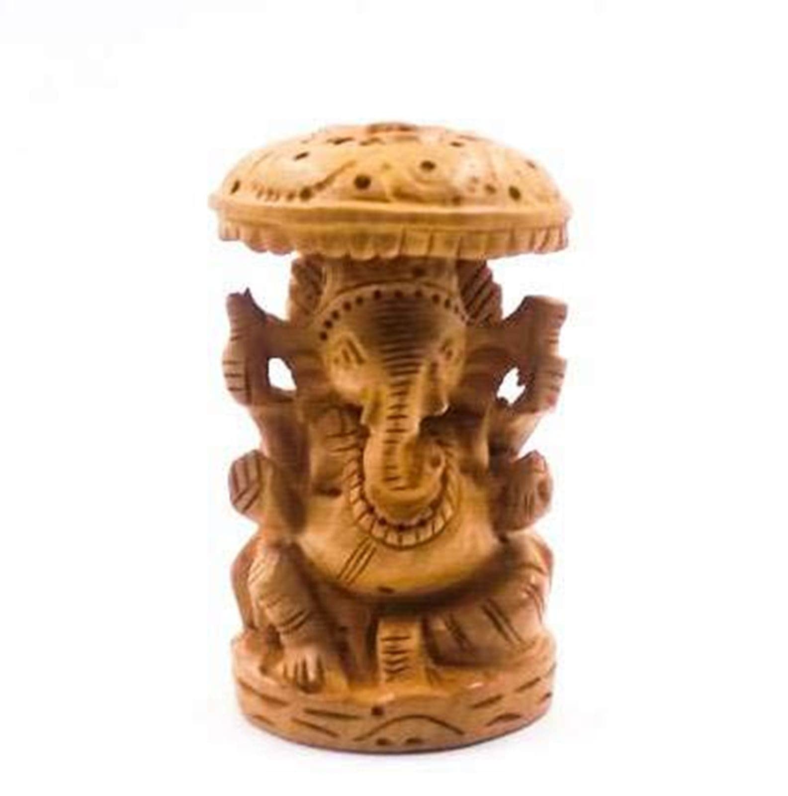 Indicast 3 Hand Carved Ganesha With Umbrella Wooden Decorative Idol (Brown, Standard)