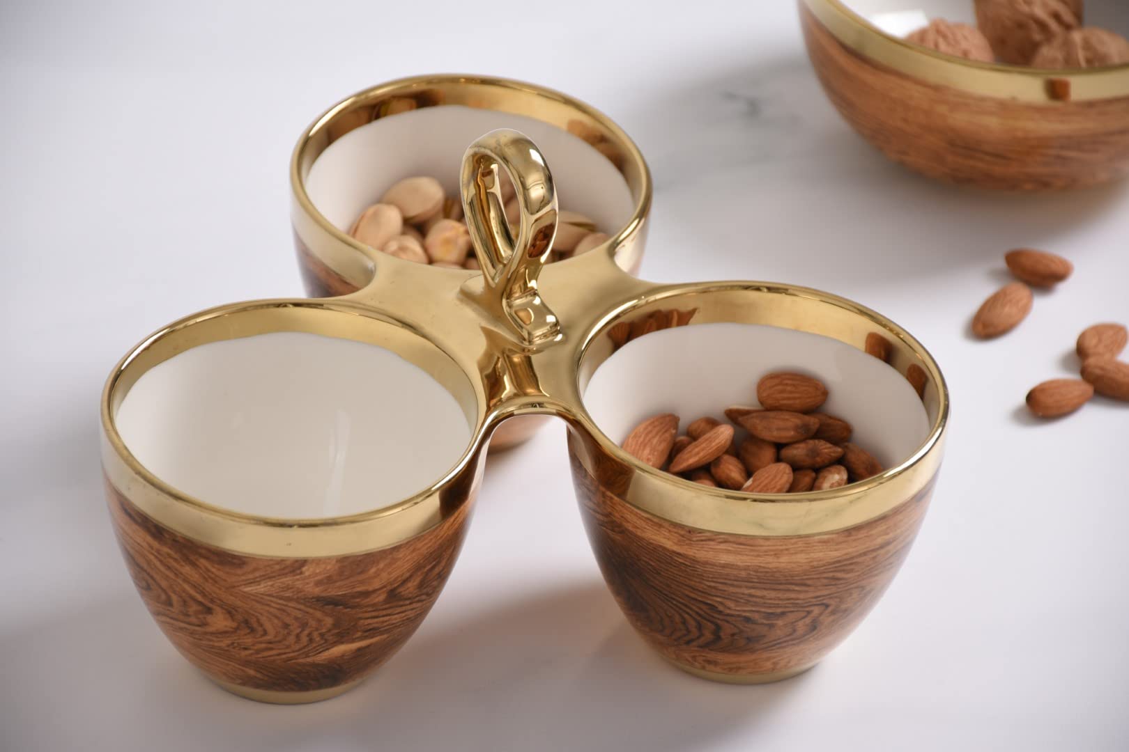 Pampa Bay Wood Look Titanium-Plated Porcelain 3 Part Server, 8.8 X 5.5 Inch, Gold/White/Wood Look