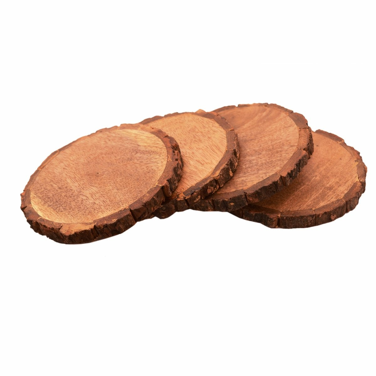 Purpledip Wooden Coasters (Set Of 4) In Natural Mango Tree Bark: Rustic Dining Table Barware Gift; 4.5 Inches Each (11141)
