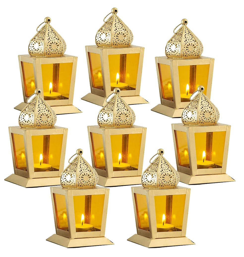 Imrab Creations Antique Square Hanging Lantern Lamp with Tealight Candle Holder (Yellow, Set of 8, Combo)