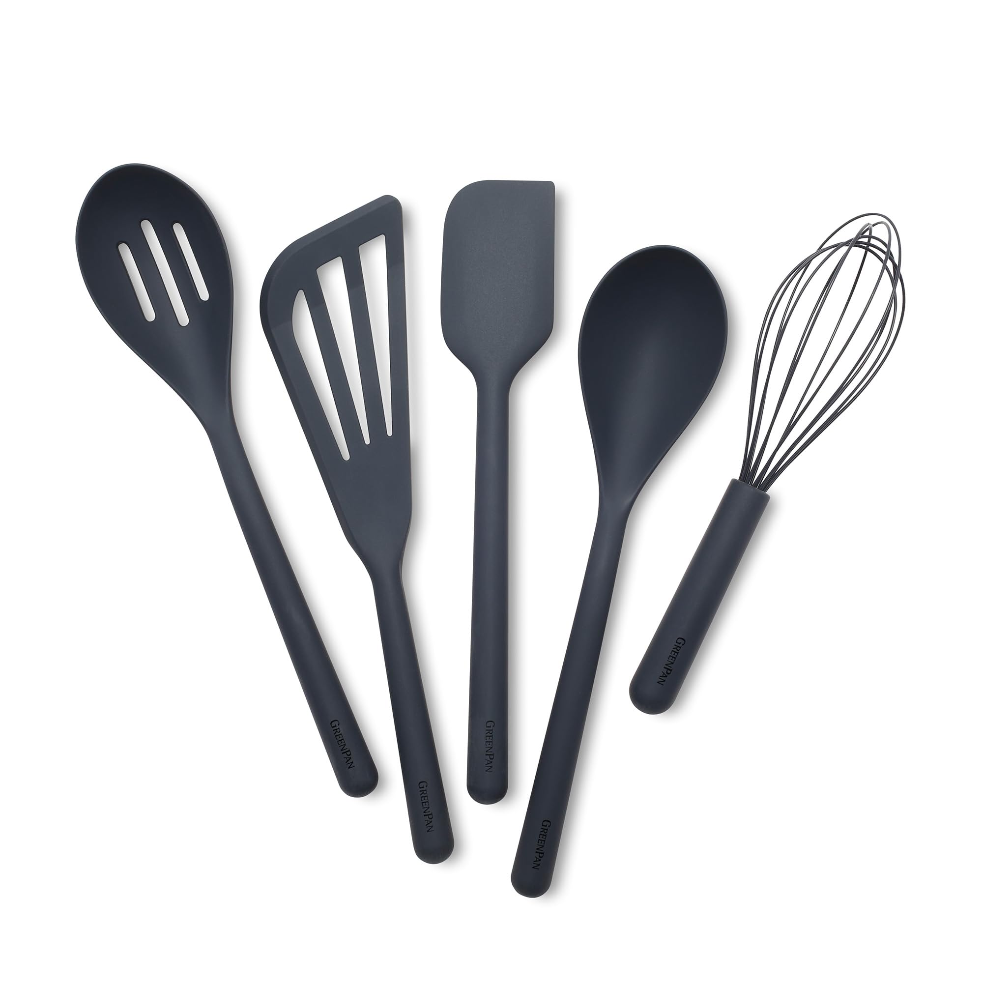 GreenPan Silicone 5 Piece Cooking Utensil Set, Slotted & Solid Spoon, Turner, Spatula, Whisk, Flexible Nonstick Kitchen Tools, S