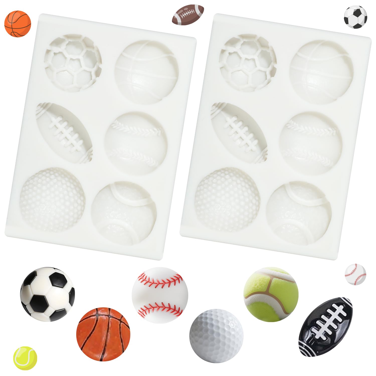 2 Pieces 4 Cavity Sports Ball Silicone Mold, Softball Chocolate Mold for Cake Decoration, Baseball Golf Basketball Shape Molds f