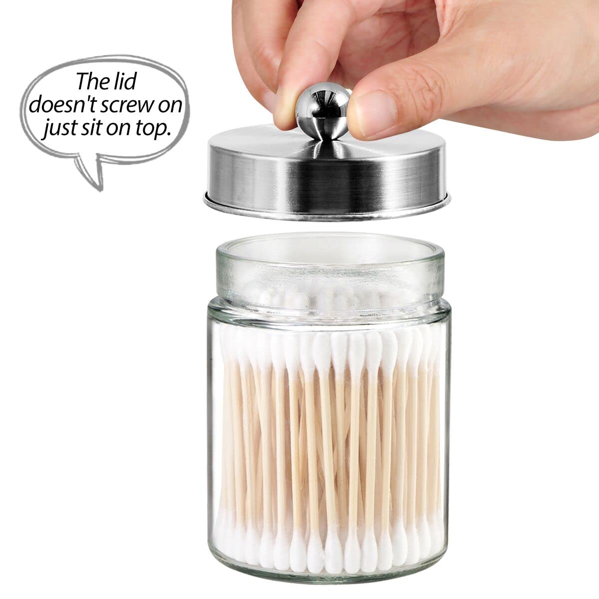 3 Pack Apothecary Jar Canisters Bathroom Vanity Organizer - Qtip Holder Storage Organizer Set Countertop Canister with Stainless Steel Lids &Cute Stickers for Qtips Cotton Swabs Makeup Sponges Floss (Brushed Nickel)