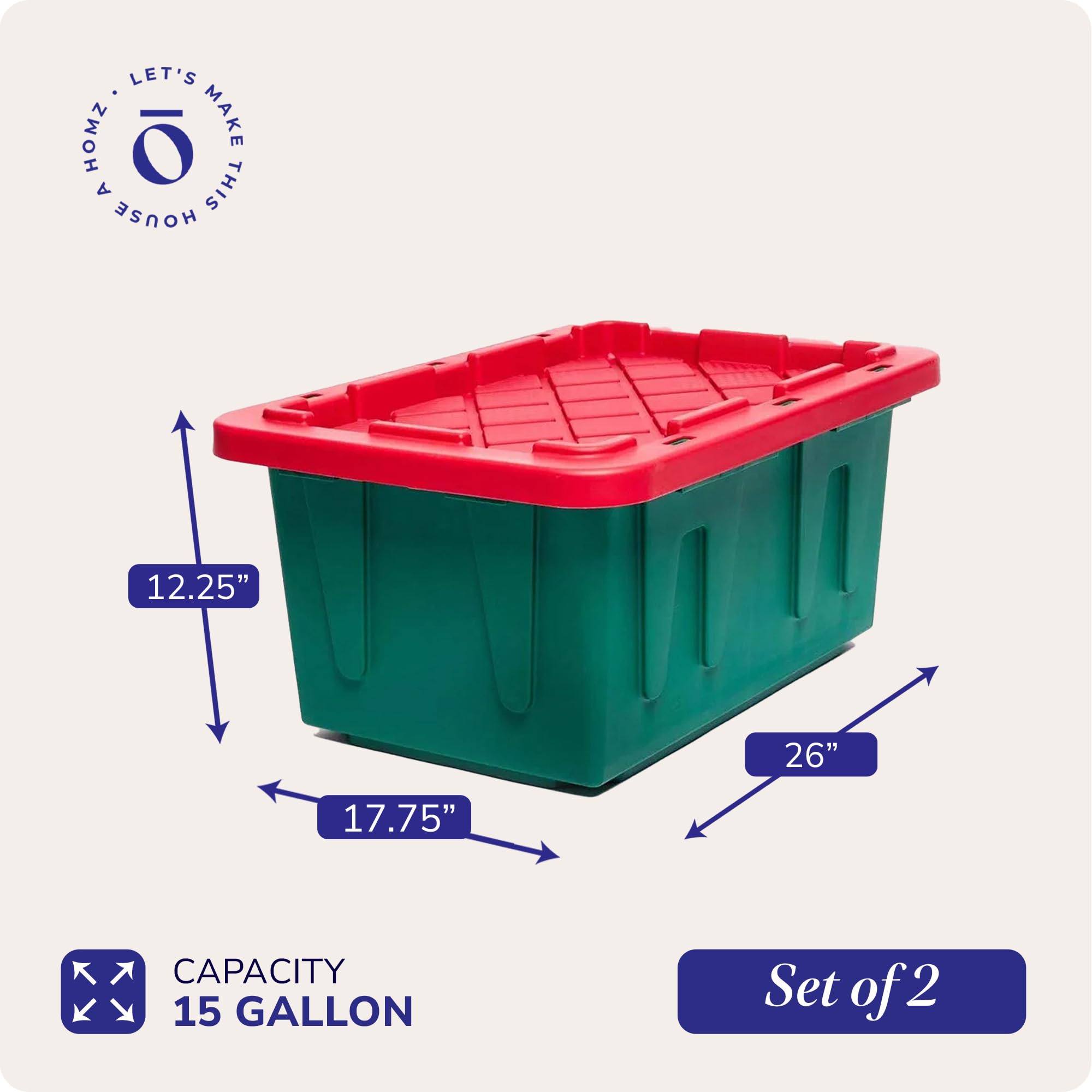 Homz 2 Pack Durabilt Storage, Heavy Duty Stackable Bins, 15 Gallon, Green/Red