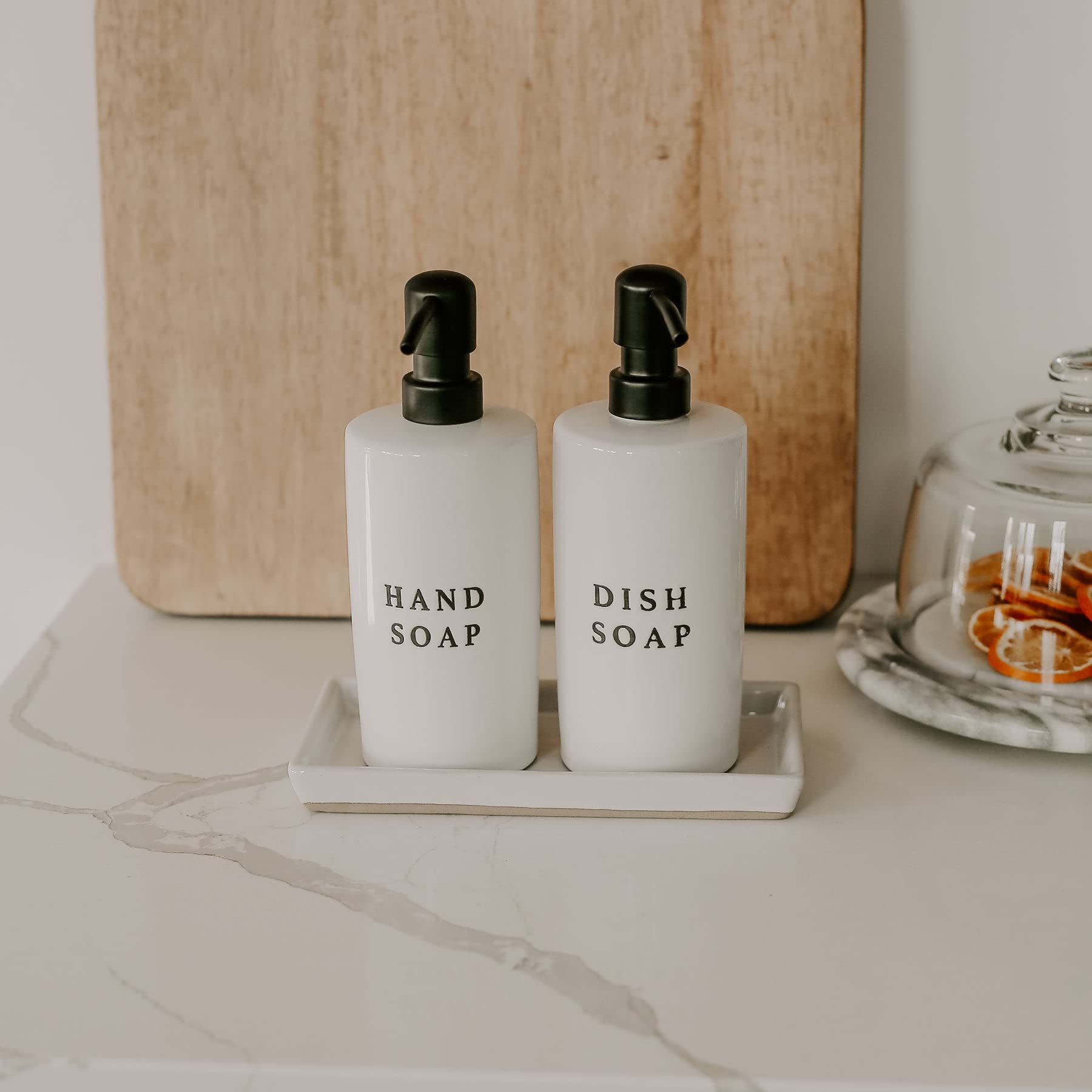 Sweet Water Decor Stoneware Tray For Home - White | Kitchen And Bathroom Dispenser Holder | Jewelry Dish | Glass Soap Holder For