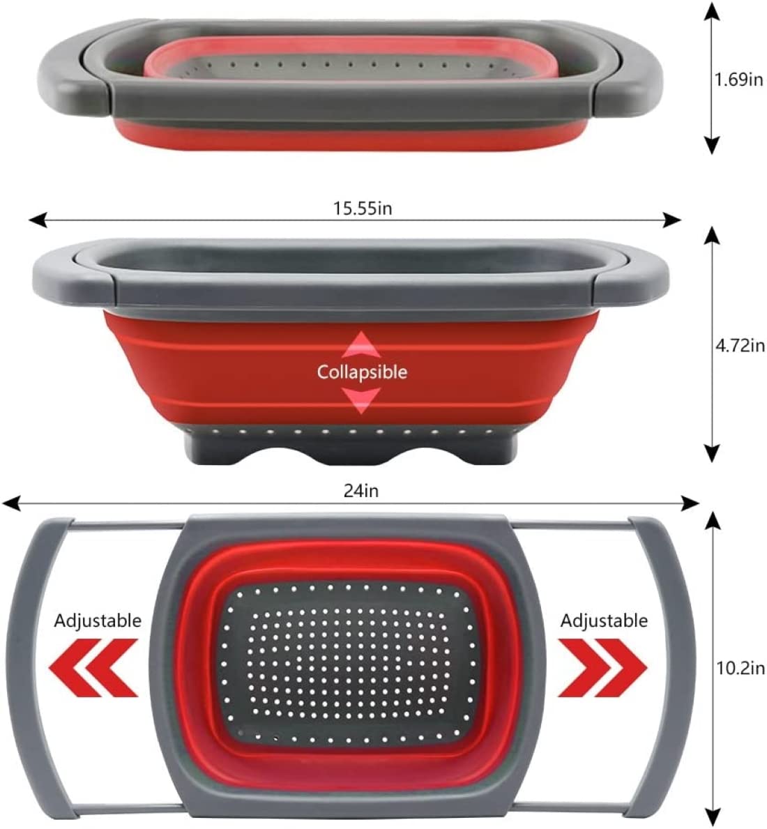 Collapsible Colander, Red Food Strainer Over The Sink Colanders Strainers With Extendable Handles, 6-Quart, Dishwasher-Safe Kitc