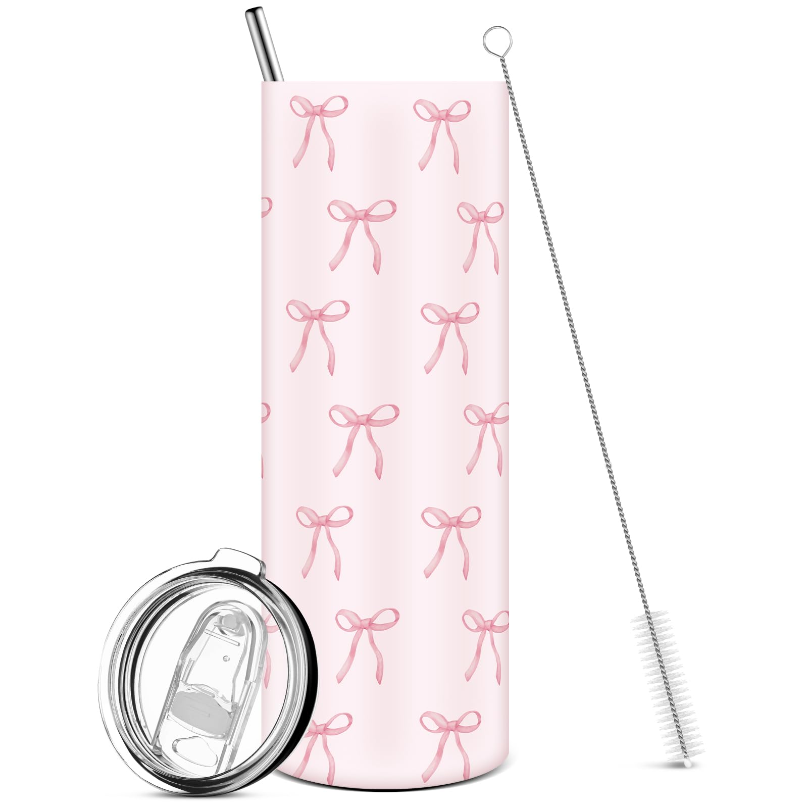 Skylety Pink Bow Tumbler With Lid And Straw, 20 Oz Coquette Bow Stainless Steel Drinking Cup For Women Girls Friend Birthday Par