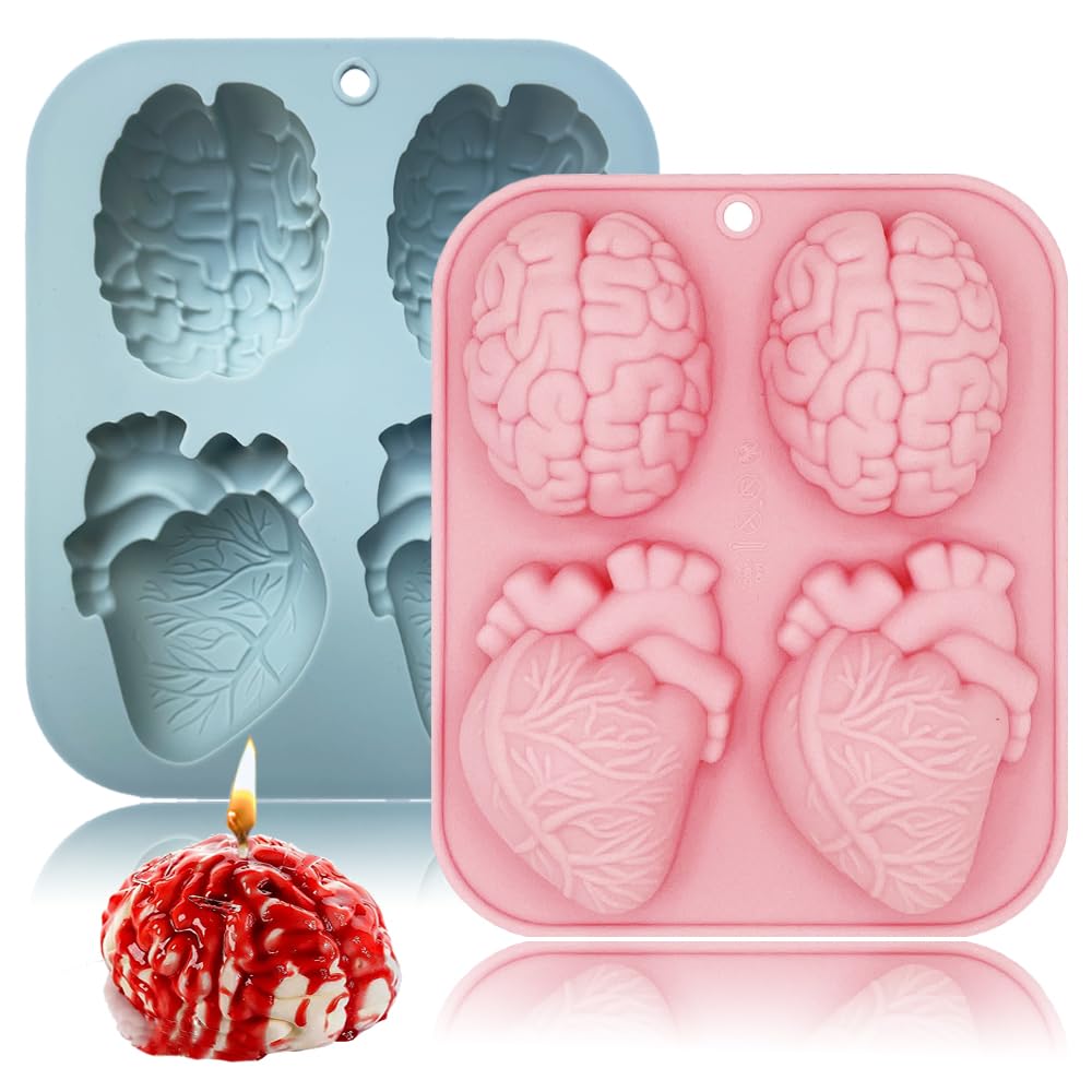 3D Human Brain Heart Silicone Molds, 2 Pack Realistic Halloween Organ Shapes Silicone Muffin Molds For Chocolate Pudding Dessert