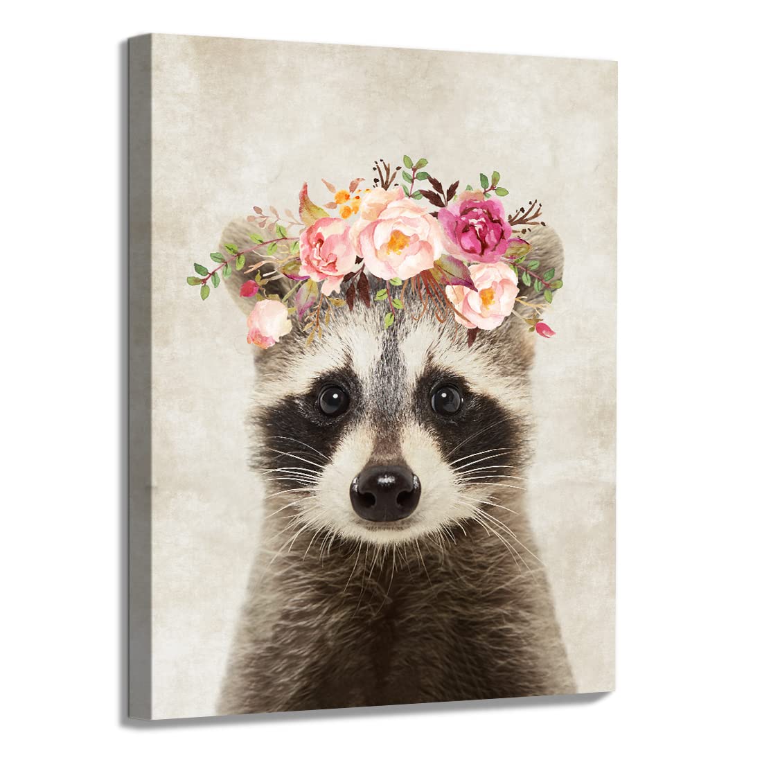 Oridomy Cute Raccoon Canvas Painting Retro Animal Portrait Wall Art Decor Funny Raccoon With Garland Picture Framed Safari Anima