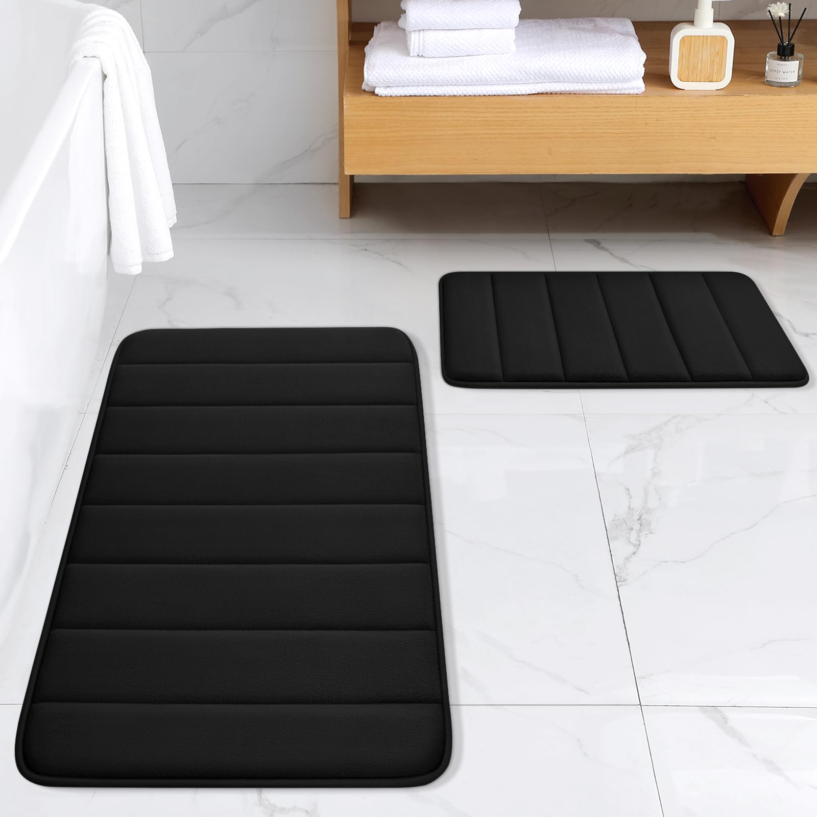Bysure Bathroom Rugs Sets 2 Piece, Memory Foam Non Slip Extra Soft Absorbent Machine Washable Toilet Bath Mats (Black, 17X24+20X