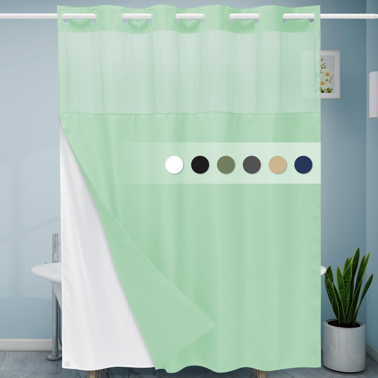 Eutxl Mint Green No Hook Shower Curtain With Snap In Liner,230Gsm Waffle Weave Shower Curtains For Bathroom,71W X 74H