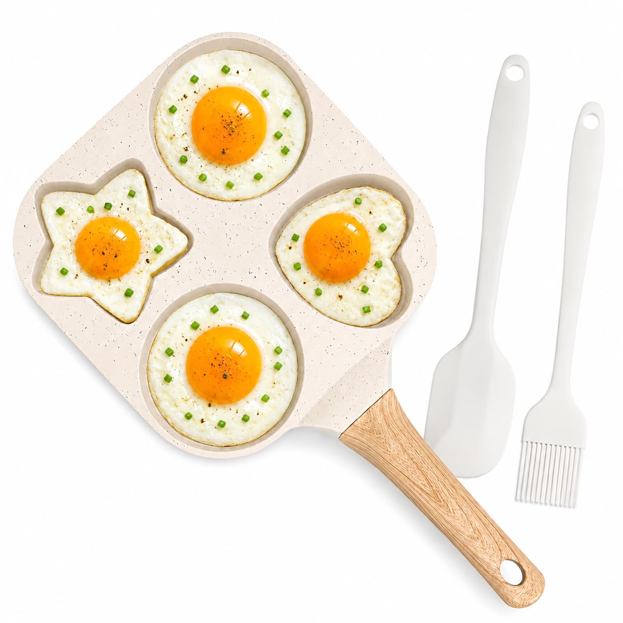 4Cup Egg Frying Pan with Oil Brush Spatula, Heart Star Shapes Egg Pan