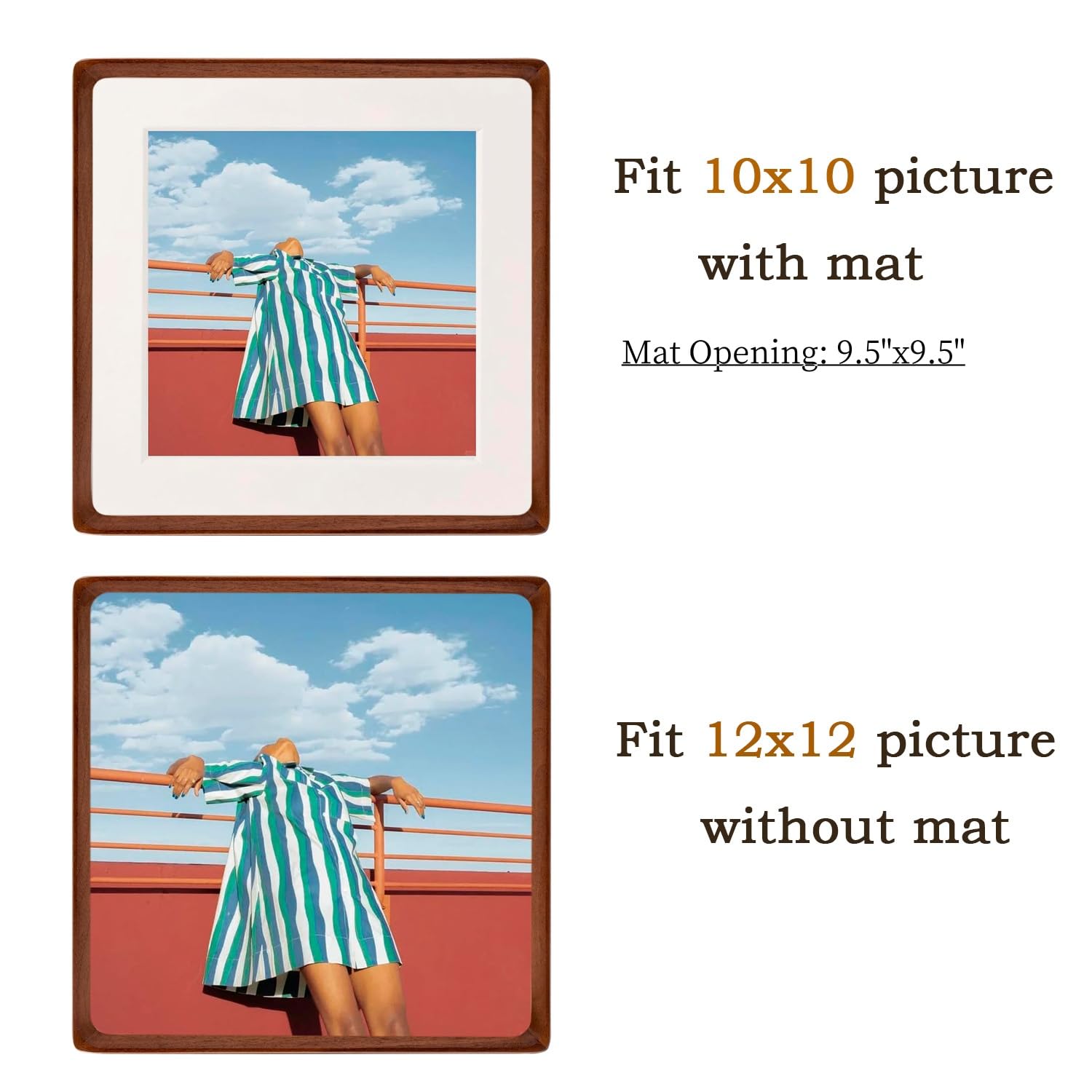 FLECHAZO 12x12 Frame, Natural Solid Walnut Wood 12x12 Picture Frame with Mat for 10x10 Photos, Square Wall Gallery Photo Frame f